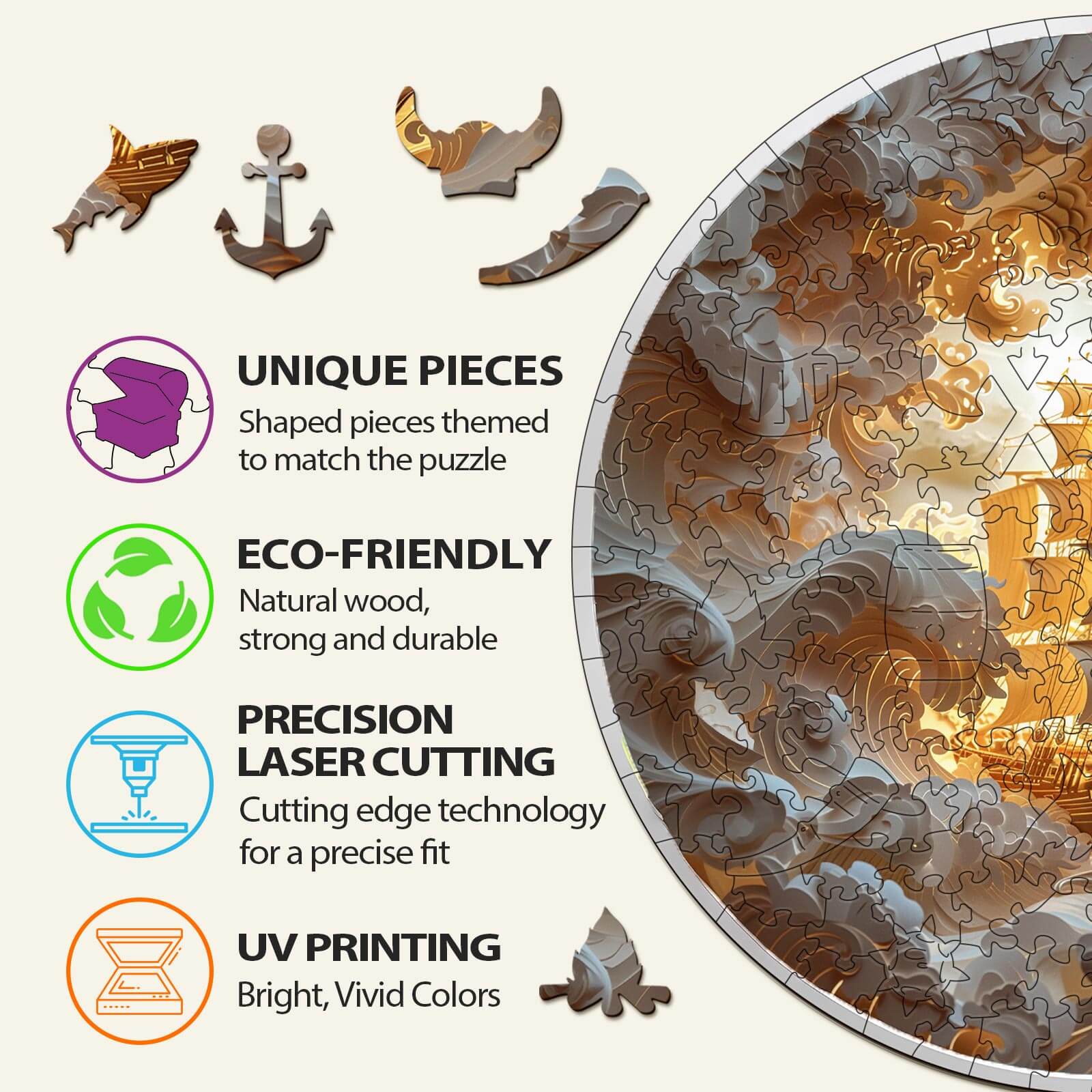 Unique pieces, eco-friendly wood, precision laser cutting, and vibrant UV printing in a 3D wooden jigsaw puzzle.