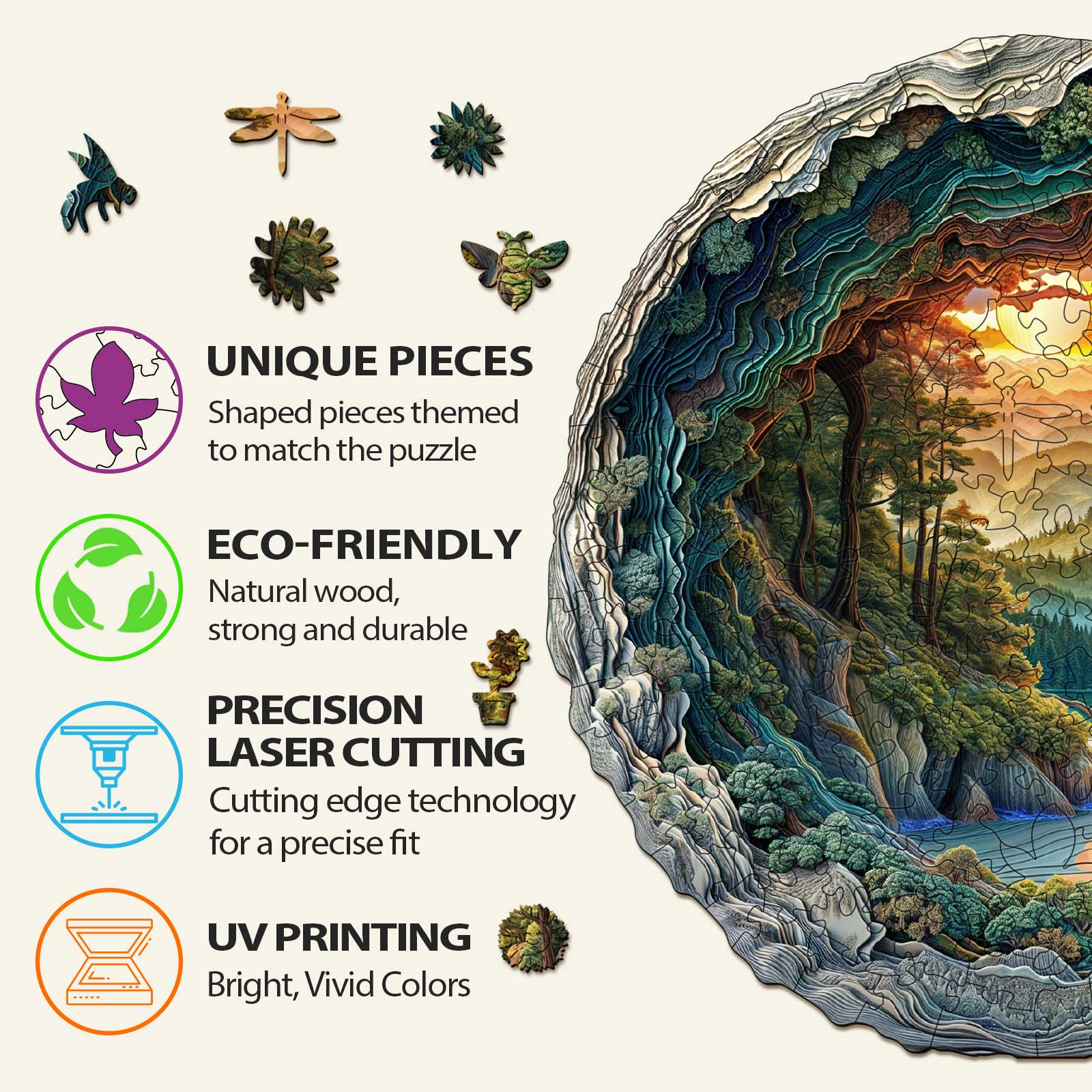 3D cave forest wooden jigsaw puzzle features unique themed pieces, eco-friendly materials, precision laser cutting, and vibrant UV printing.