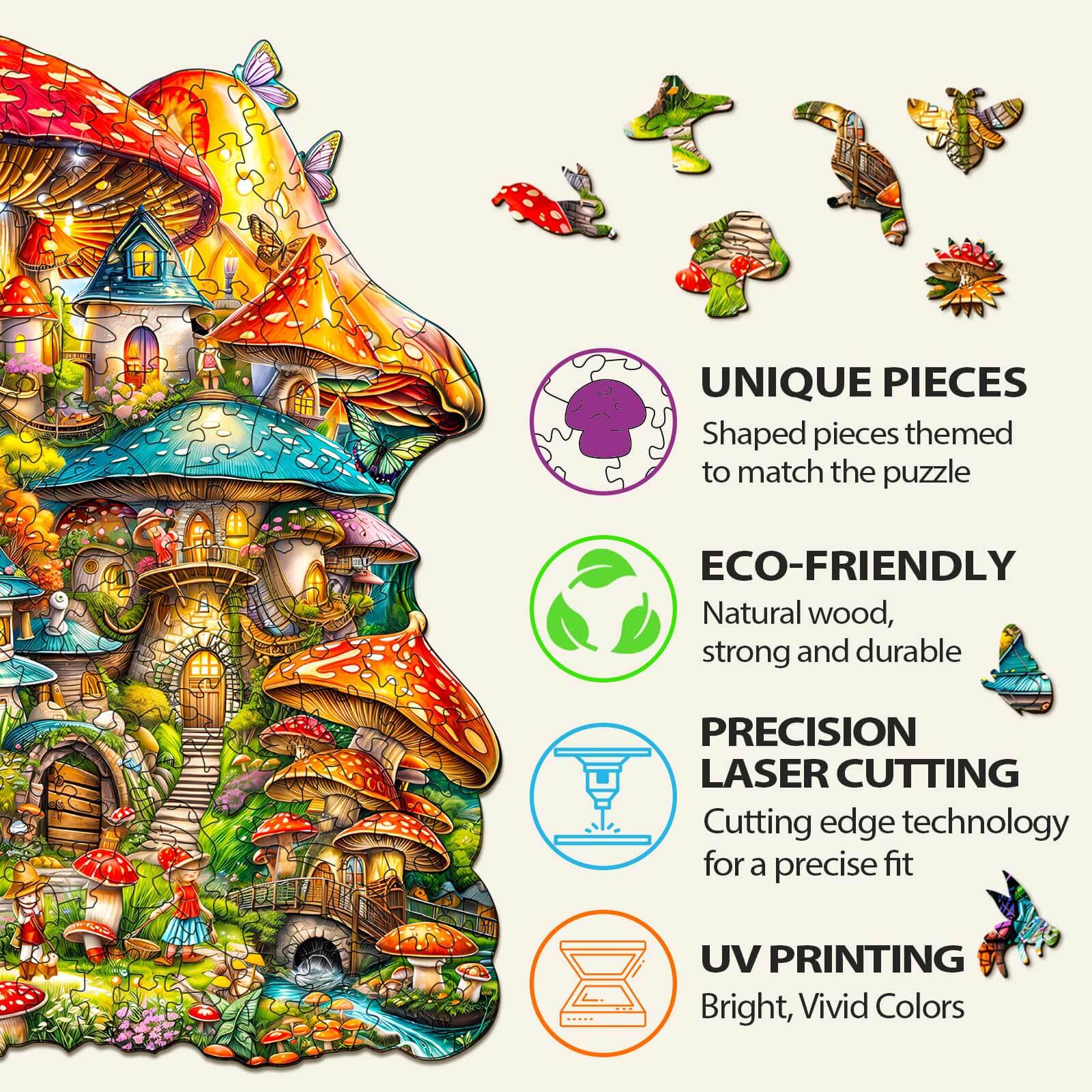 Mushroom House Wooden Jigsaw Puzzle features unique pieces, eco-friendly materials, precision laser cutting, and vibrant UV printing.