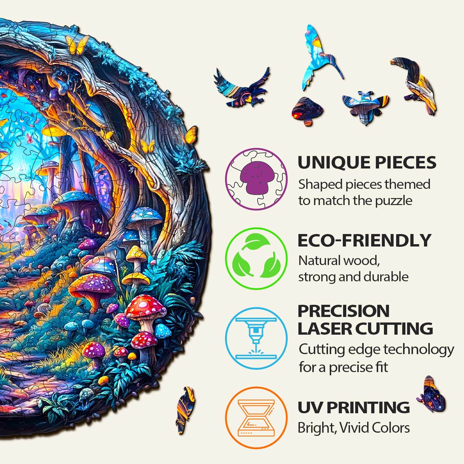 3D Magic Mushroom Wooden Jigsaw Puzzle showcasing unique eco-friendly pieces with precision laser cutting and UV printing.