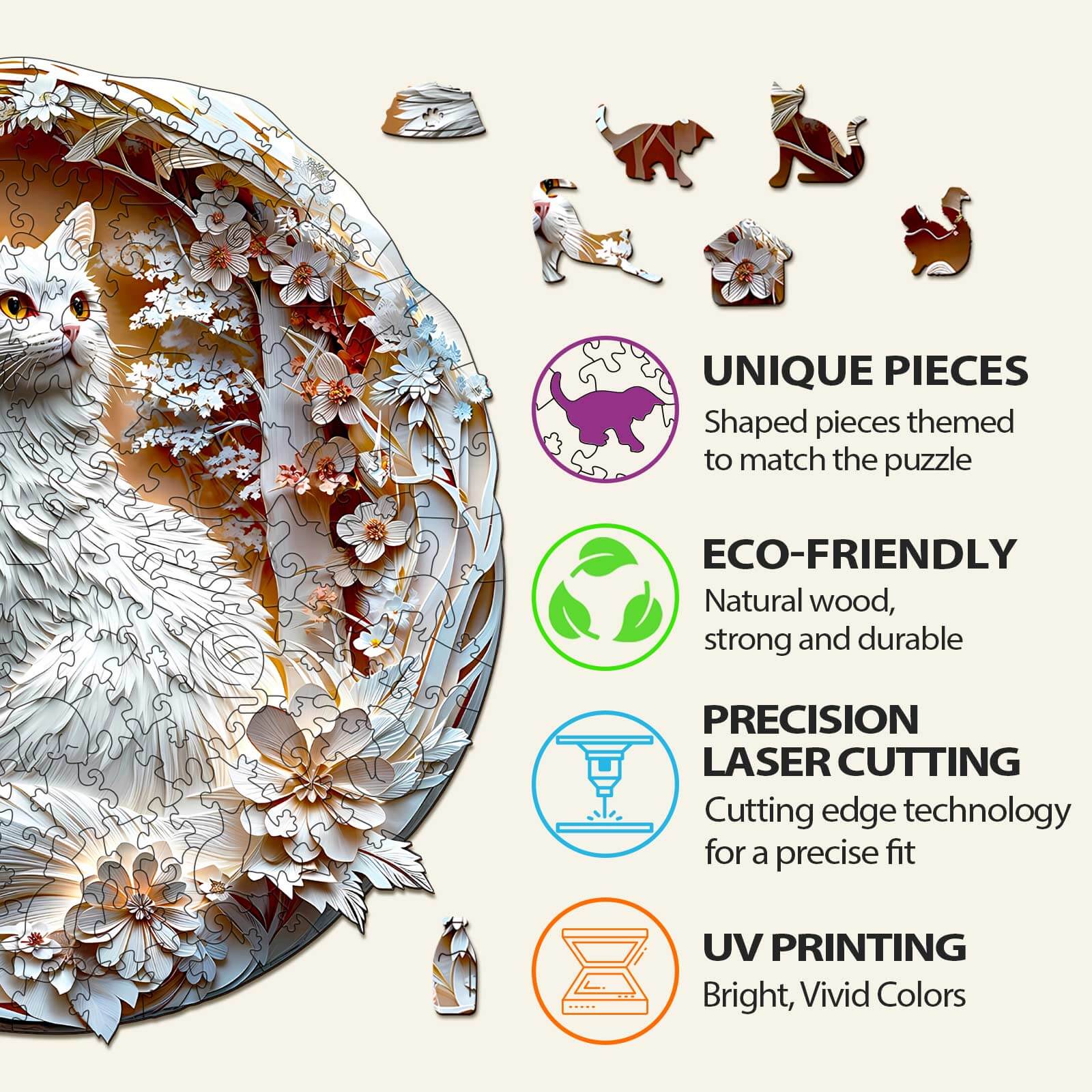 3D Cat-3 wooden jigsaw puzzle features unique pieces, eco-friendly materials, precision laser cutting, and vivid UV printing.