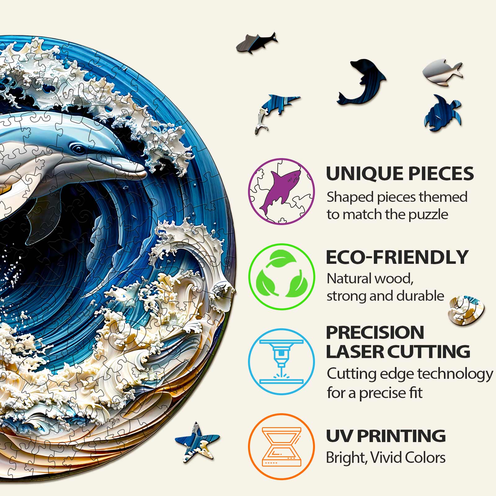 3D Dolphin-1 Wooden Jigsaw Puzzle features unique eco-friendly pieces, precision laser cutting, and vibrant UV printing.