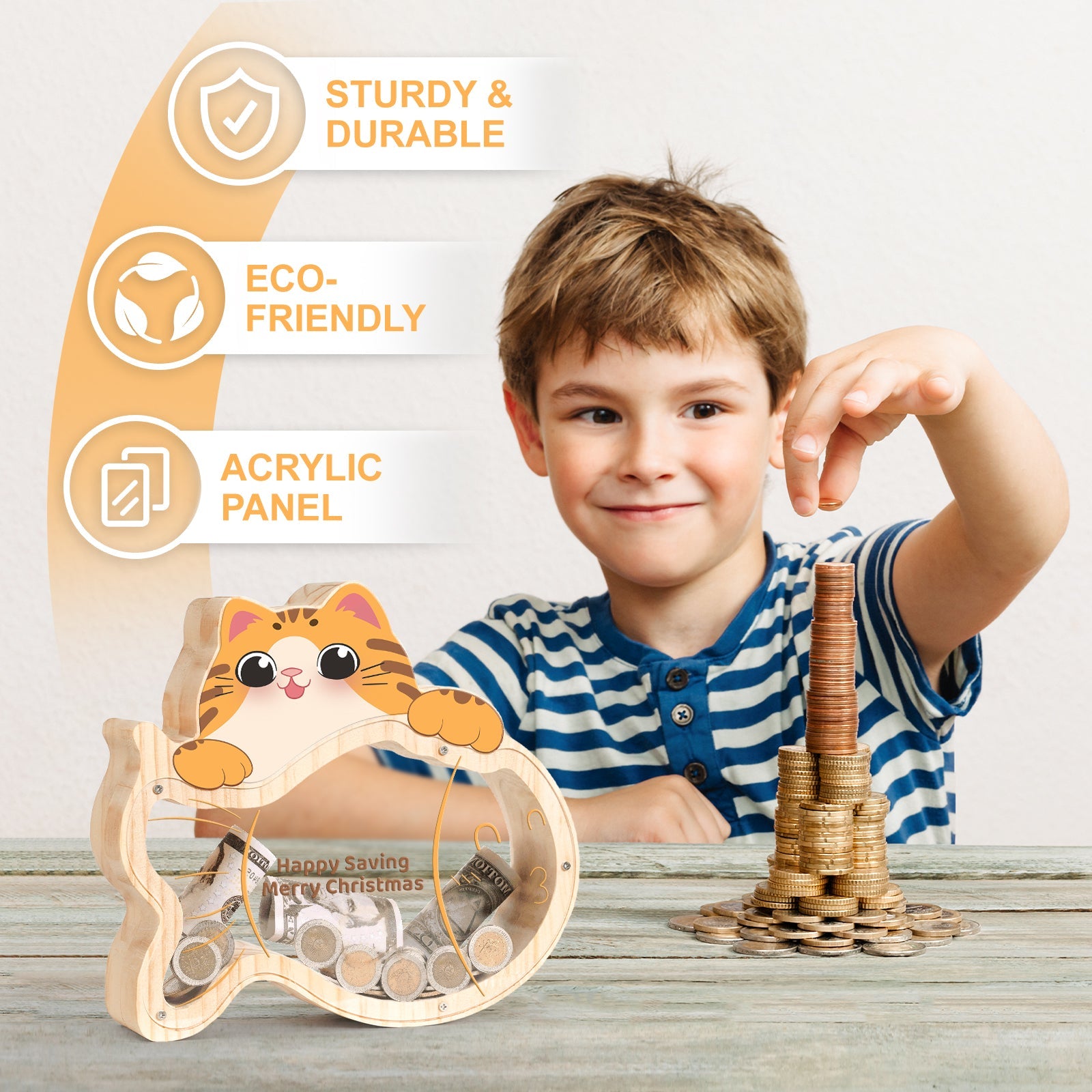 Child adding coins to a kitten-shaped wooden piggy bank with acrylic panel, promoting eco-friendliness and durability.