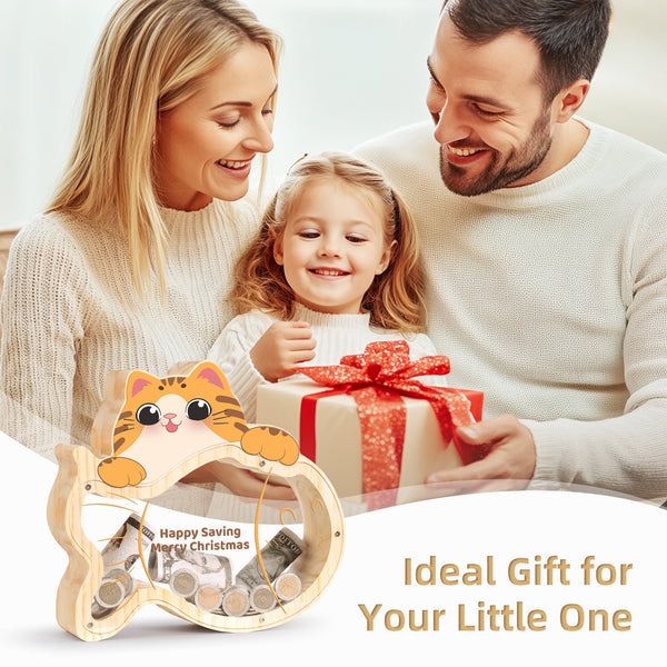 Family enjoying time with customized kitten-shaped piggy bank, perfect gift for children.