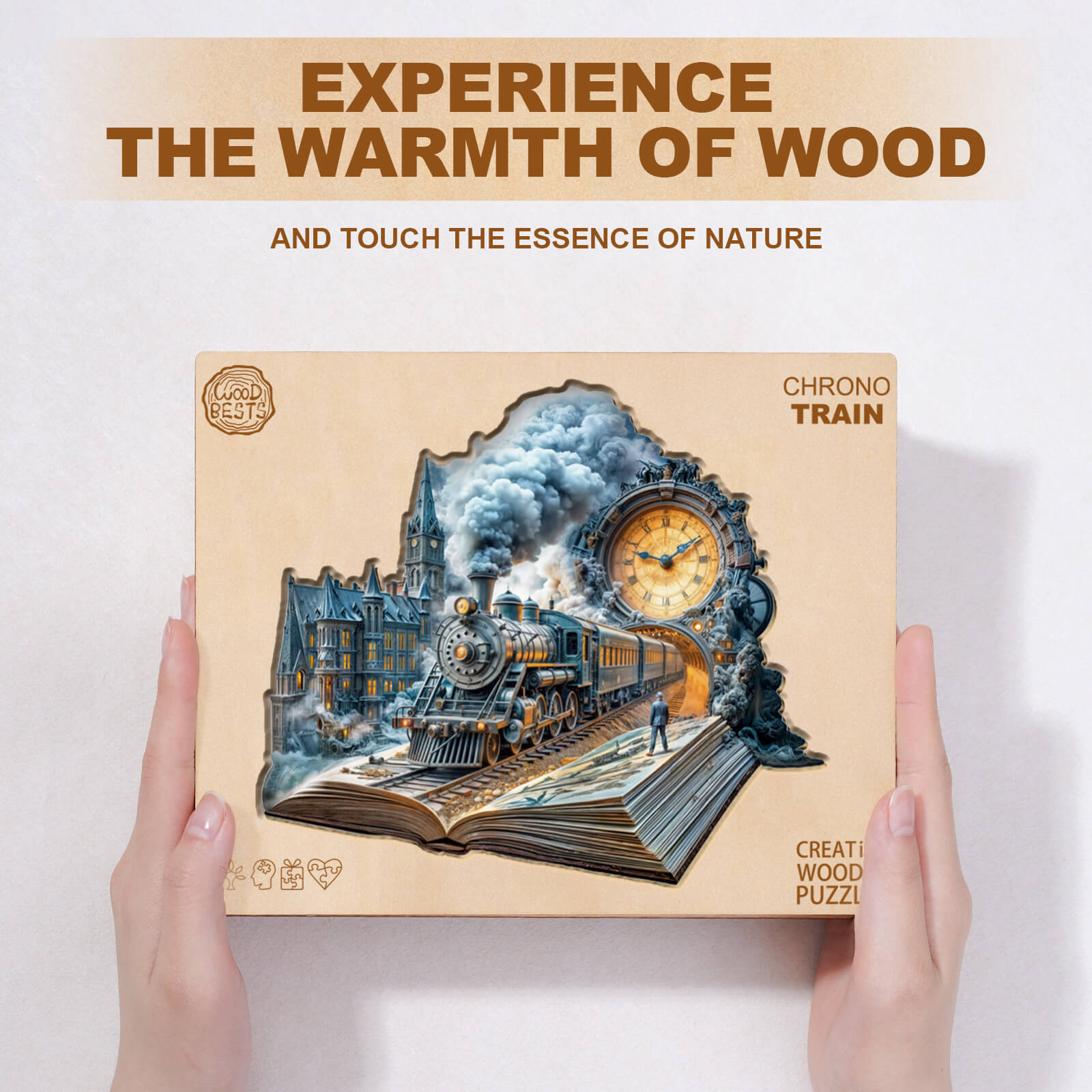 Chrono Train wooden jigsaw puzzle displaying a train scene, highlighting the beauty and warmth of natural wood.