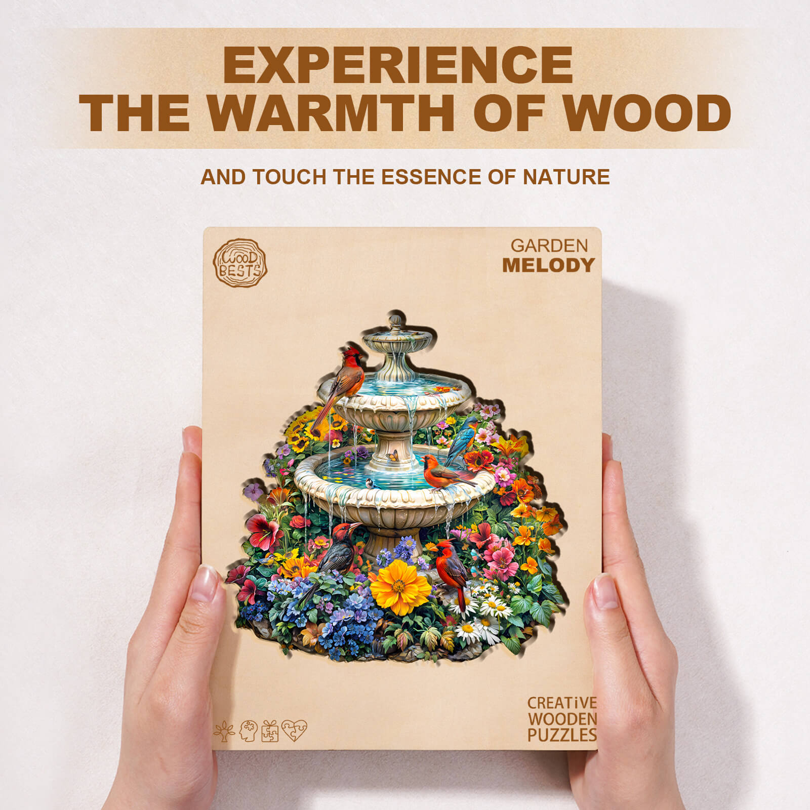 Garden Melody Wooden Jigsaw Puzzle showcasing a vibrant design with flowers and birds, promoting focus and creativity.