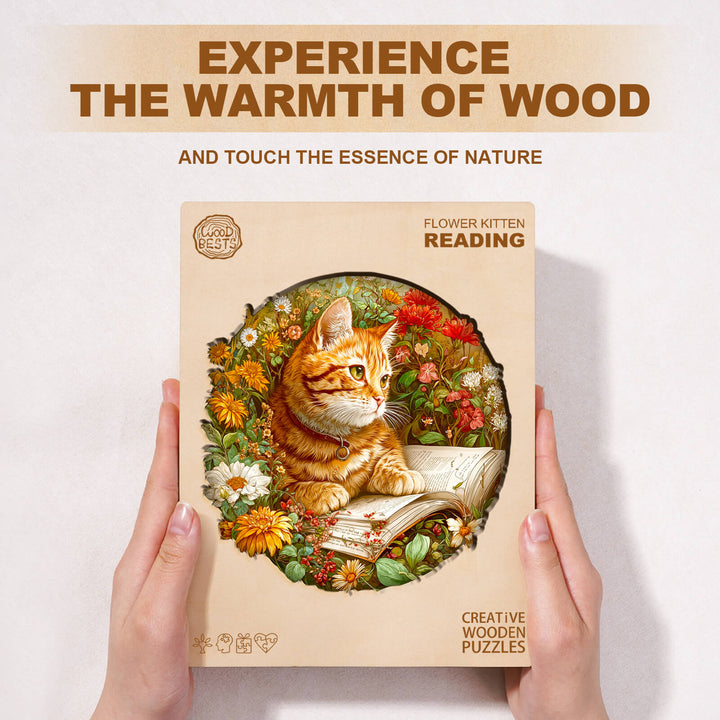 Flower Kitten Reading Wooden Jigsaw Puzzle