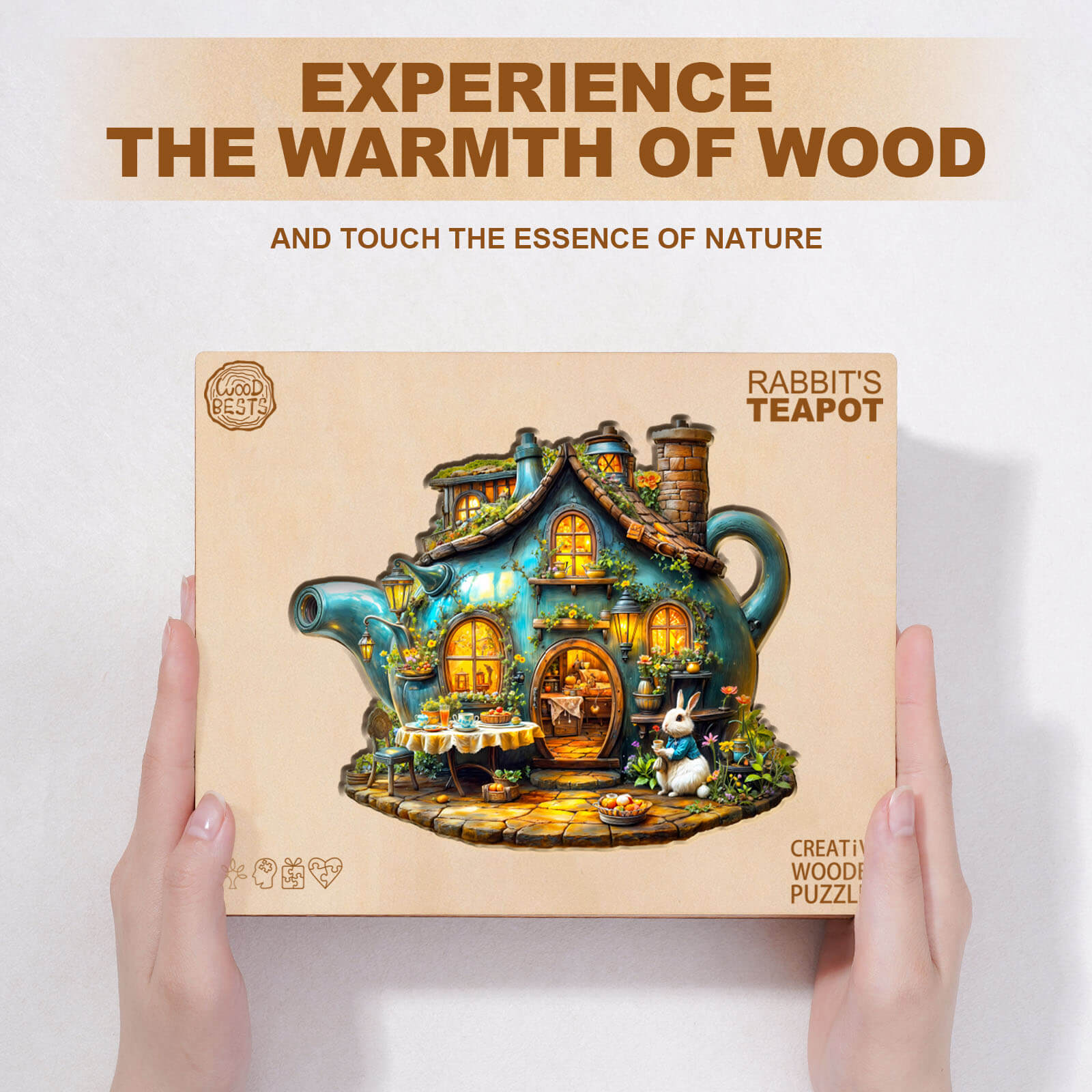Rabbit's Teapot wooden jigsaw puzzle box featuring a whimsical design, promoting focus and creativity through playful mind games.