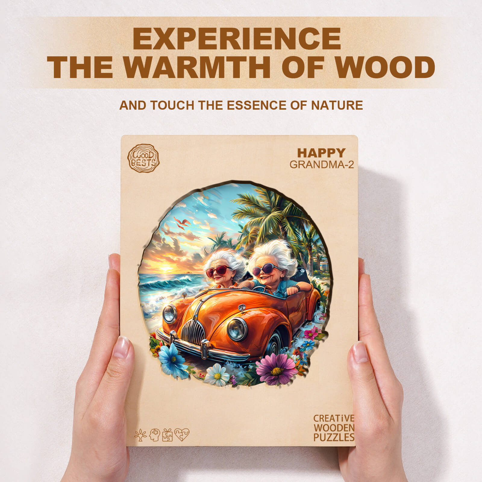 Happy Grandma-2 wooden jigsaw puzzle featuring two joyful grandmothers in a car, promoting focus and creativity.