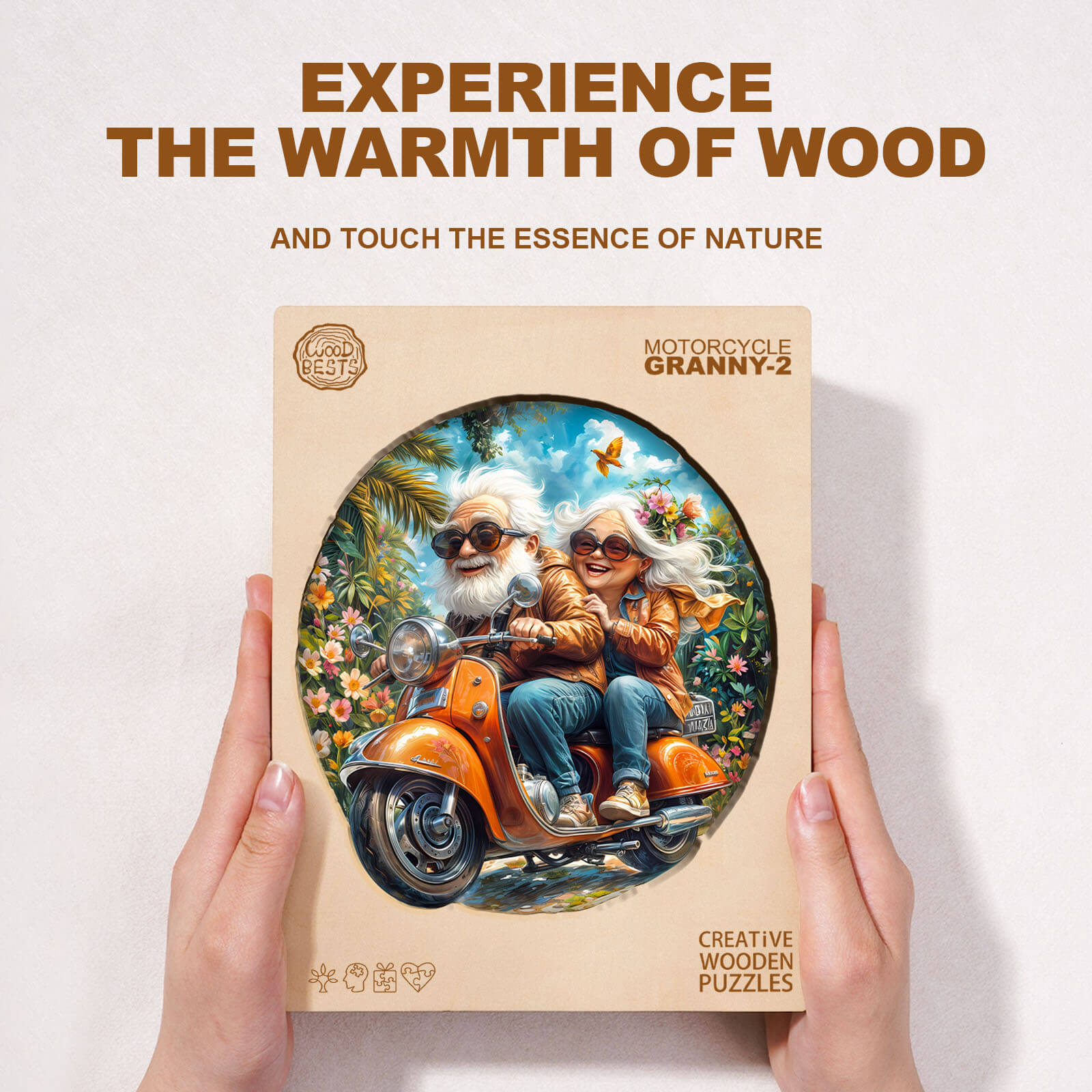 Motorcycle Granny-2 wooden jigsaw puzzle showcasing a joyful scene with an elderly couple riding together.