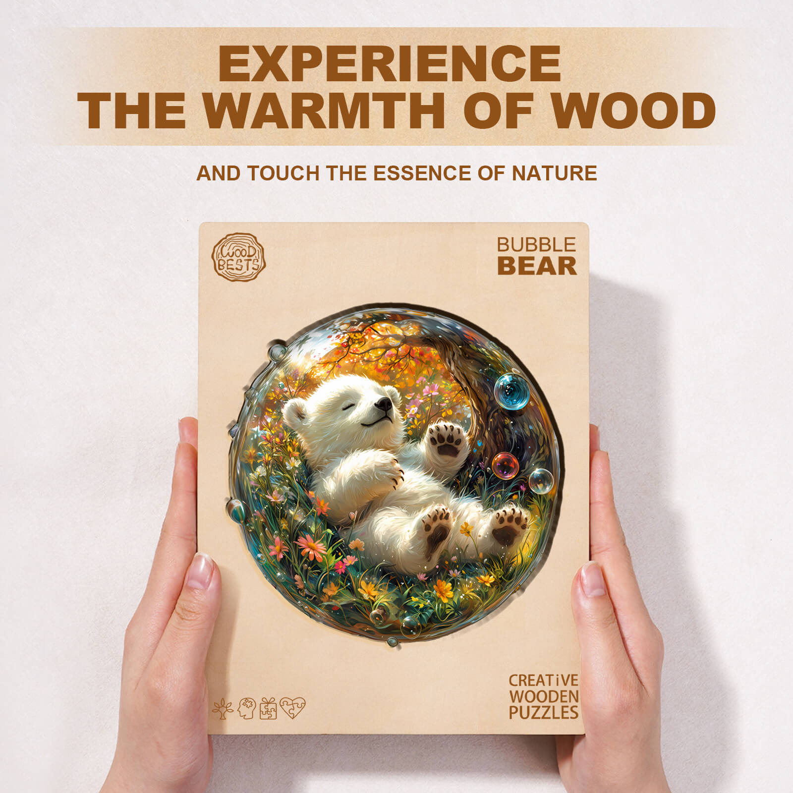 Bubble Bear wooden jigsaw puzzle packaging showcasing a cute bear in a colorful bubble, promoting focus and creativity.