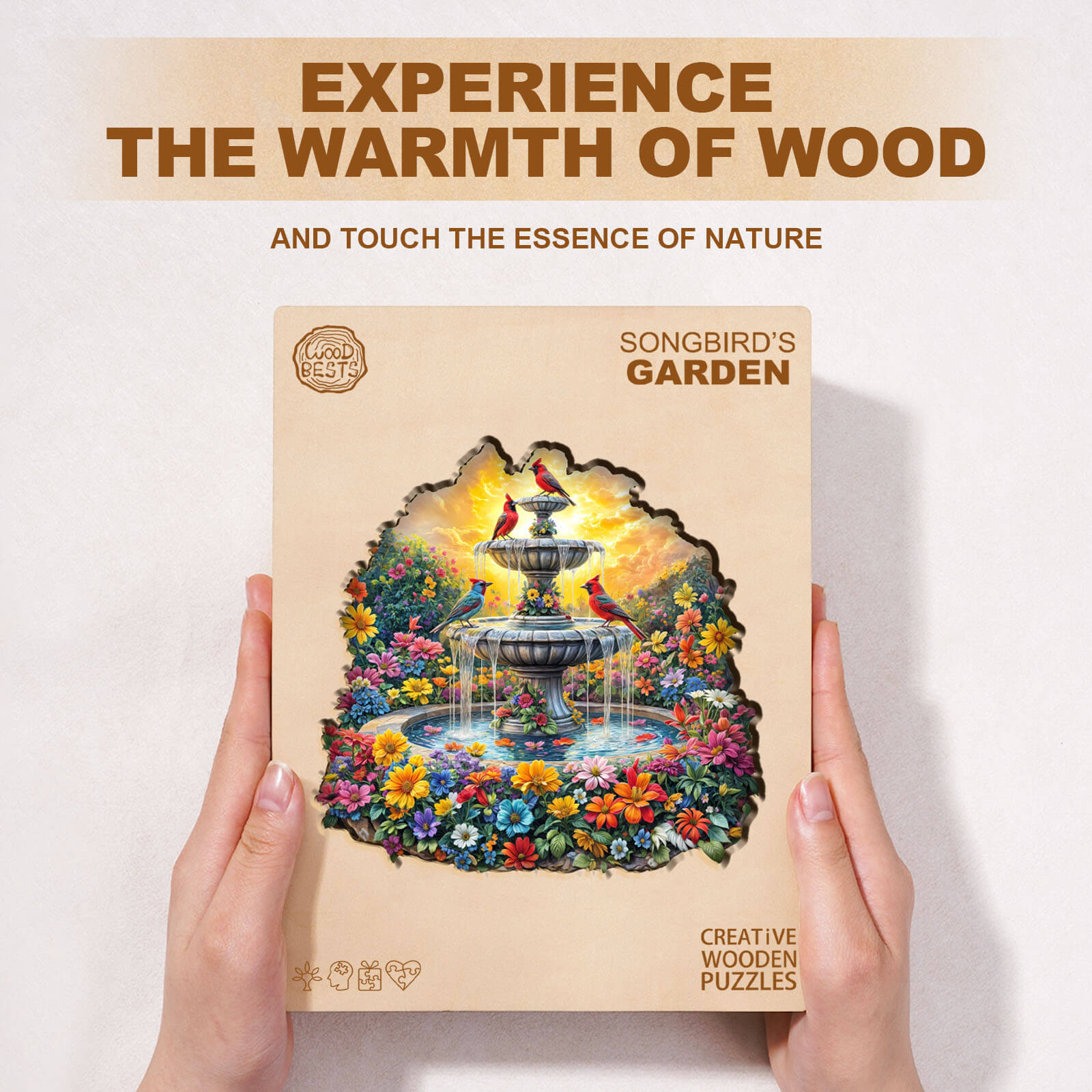 Songbird’s Garden wooden jigsaw puzzle box featuring a vibrant garden scene with a fountain and colorful flowers.