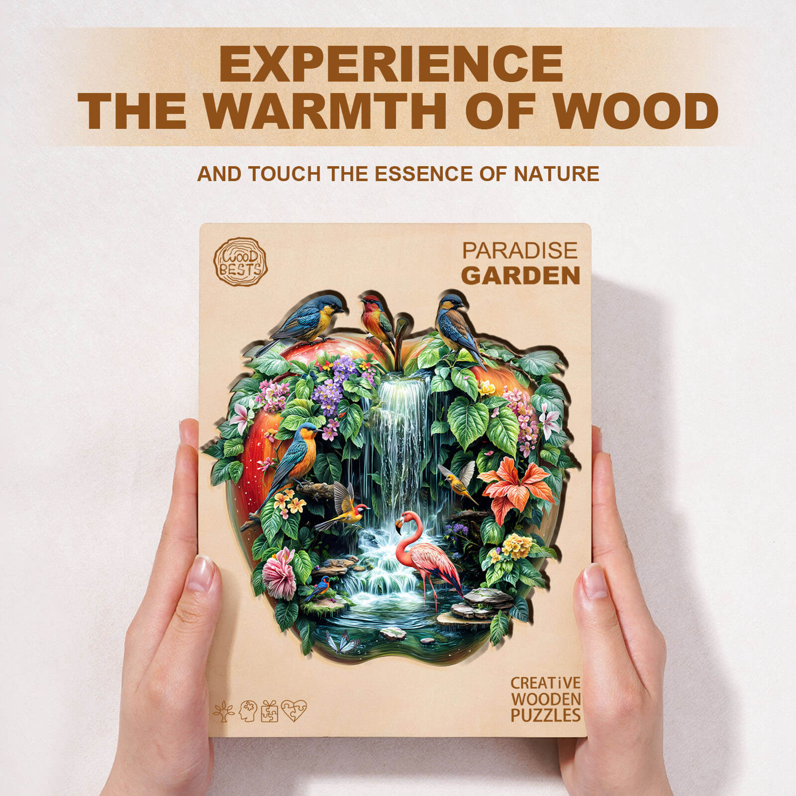 Paradise Garden wooden jigsaw puzzle featuring vibrant nature elements and a serene waterfall.