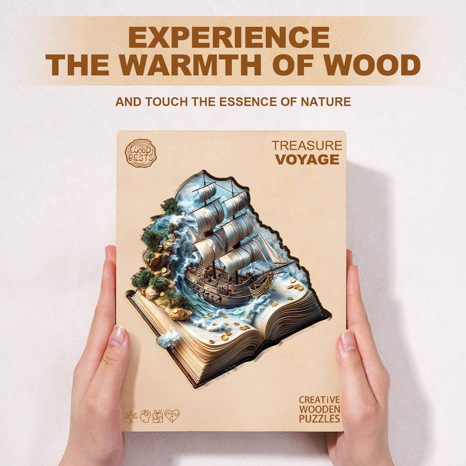 Experience the warmth of wood with the Treasure Voyage wooden jigsaw puzzle, featuring a detailed ship and nature scene.