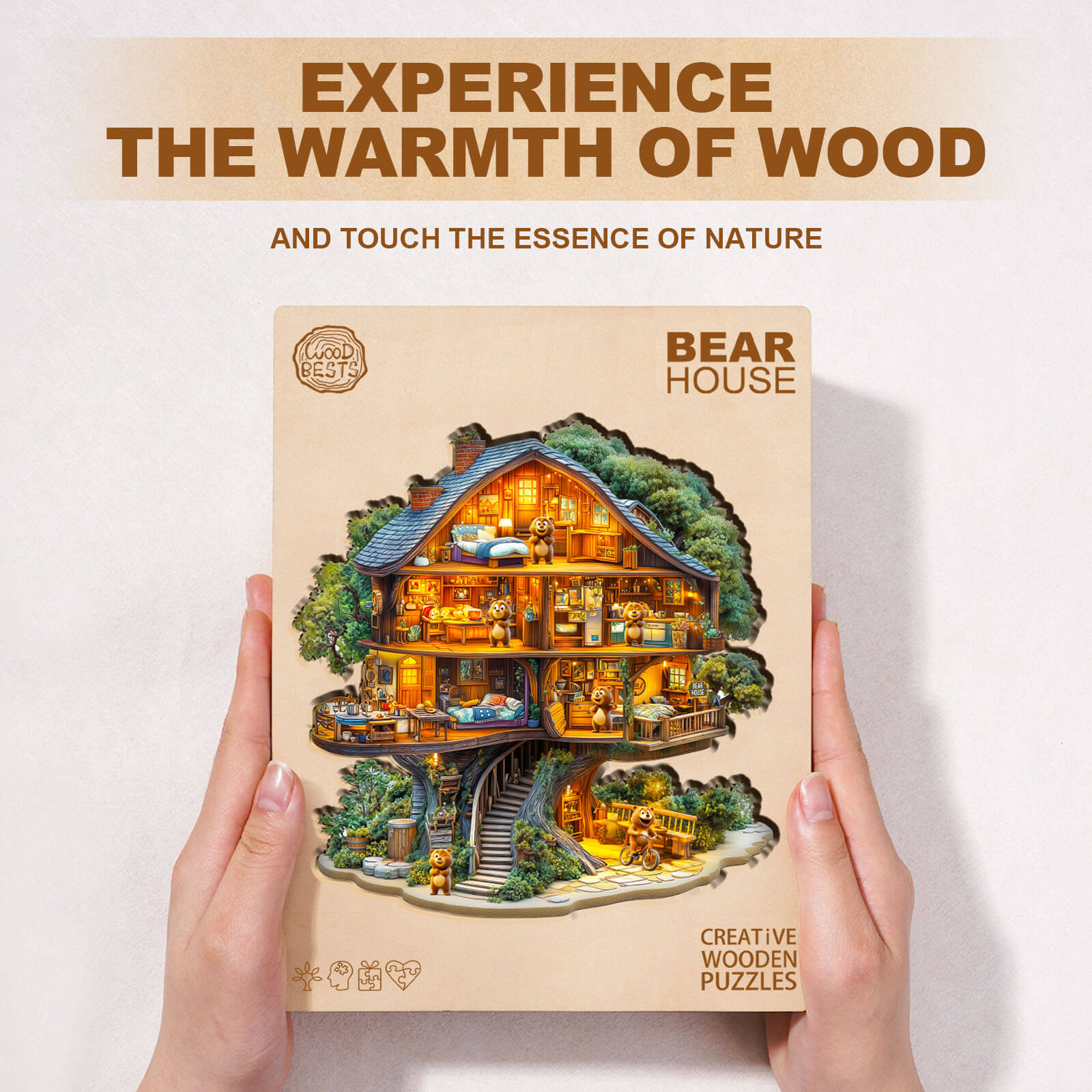 Bear House wooden jigsaw puzzle box showcasing intricate design and nature-inspired elements.