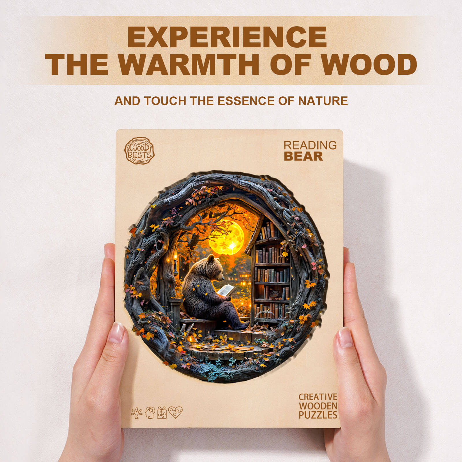 Reading Bear wooden jigsaw puzzle showcasing a cozy bear scene, perfect for enhancing focus and mental skills.