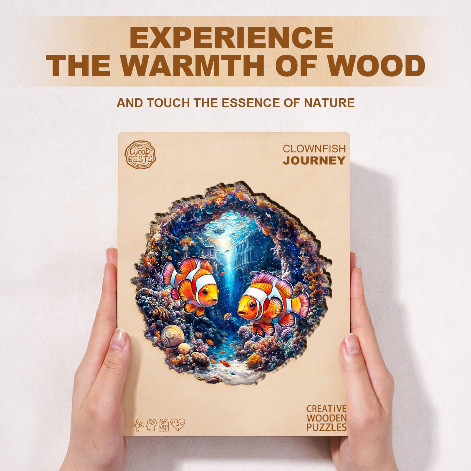 Clownfish Journey wooden jigsaw puzzle showcasing vibrant clownfish in a natural underwater scene for puzzle enthusiasts.