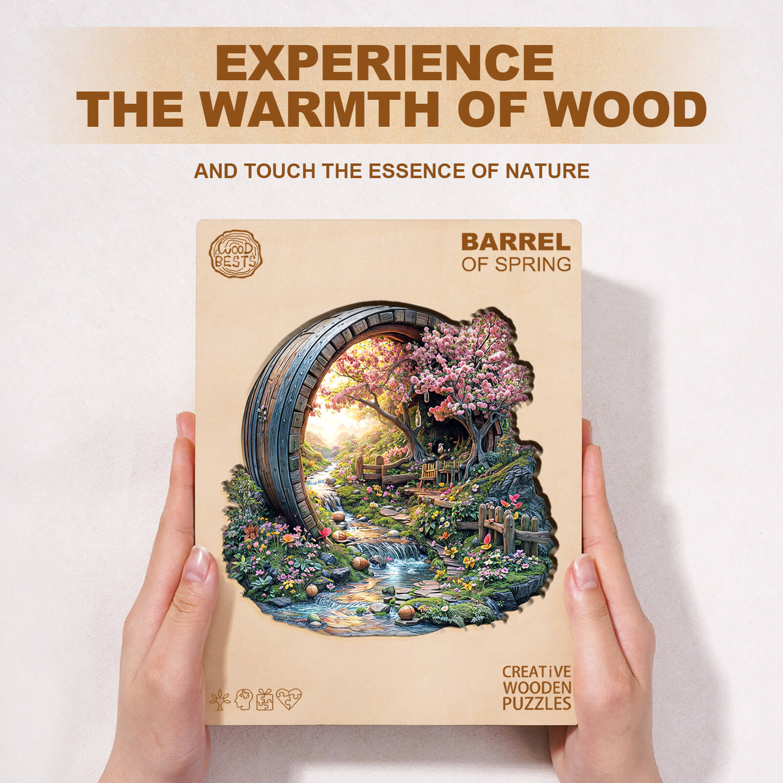 Barrel of Spring wooden jigsaw puzzle, showcasing nature's beauty with vibrant colors and intricate designs.