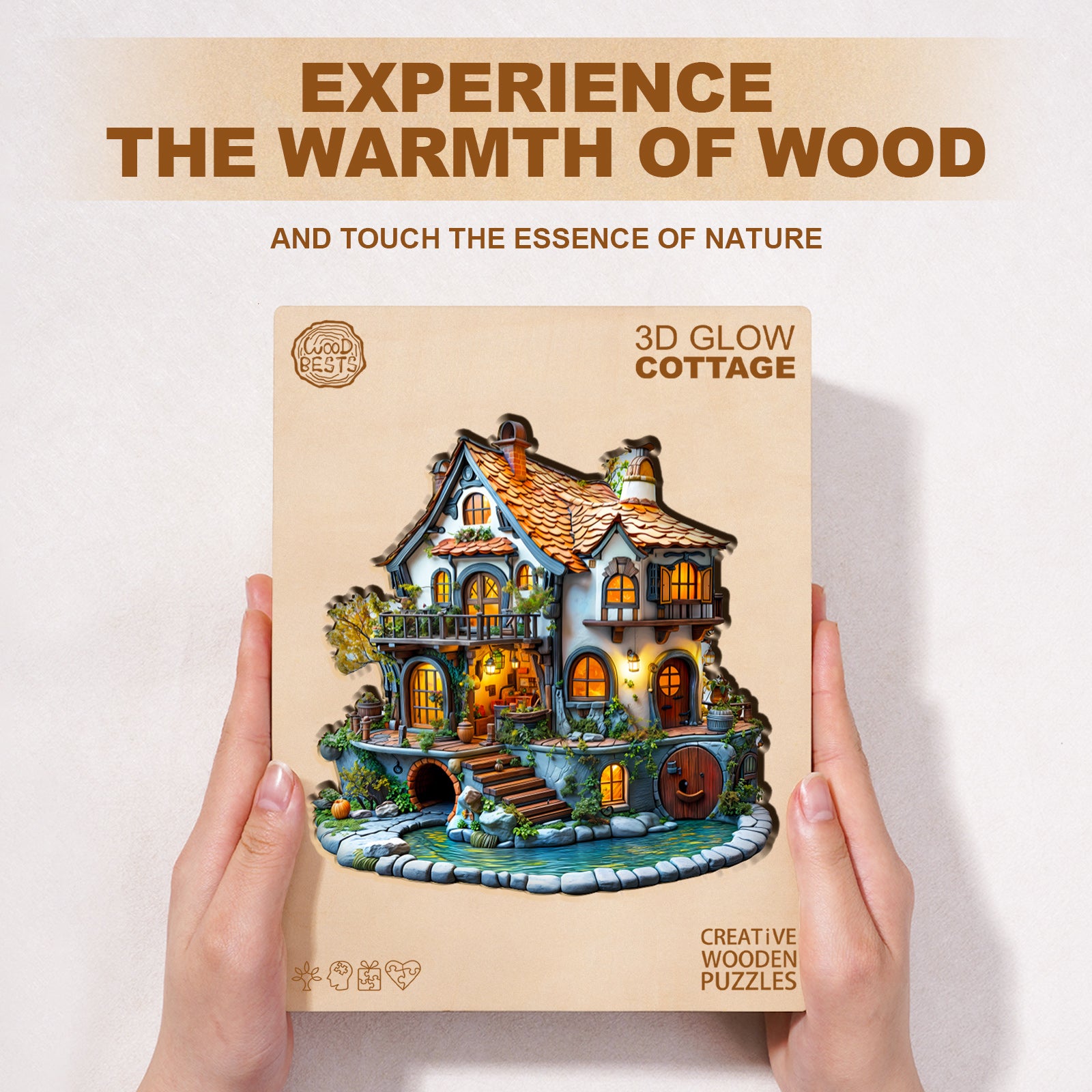 3D Glow Cottage wooden jigsaw puzzle showcasing a cozy cottage design, perfect for puzzle lovers and brain games.