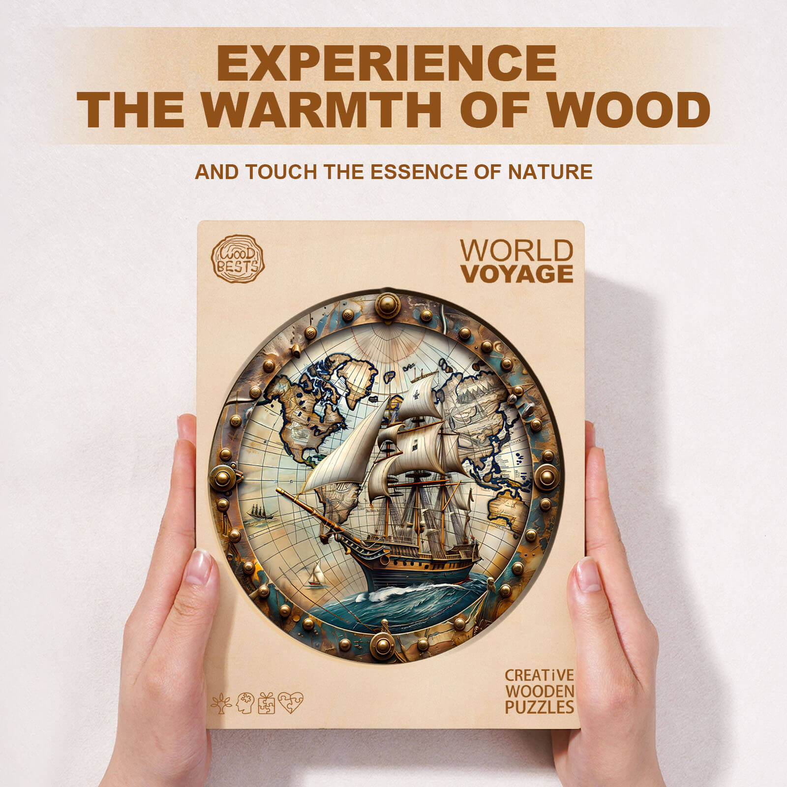 World Voyage wooden jigsaw puzzle showcasing a ship and world map, perfect for brain training and enhancing focus.