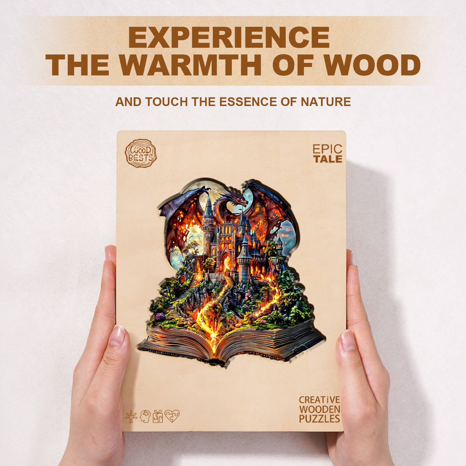 Epic Tale Wooden Jigsaw Puzzle featuring a dragon over a book, perfect for enhancing focus and creativity through play.