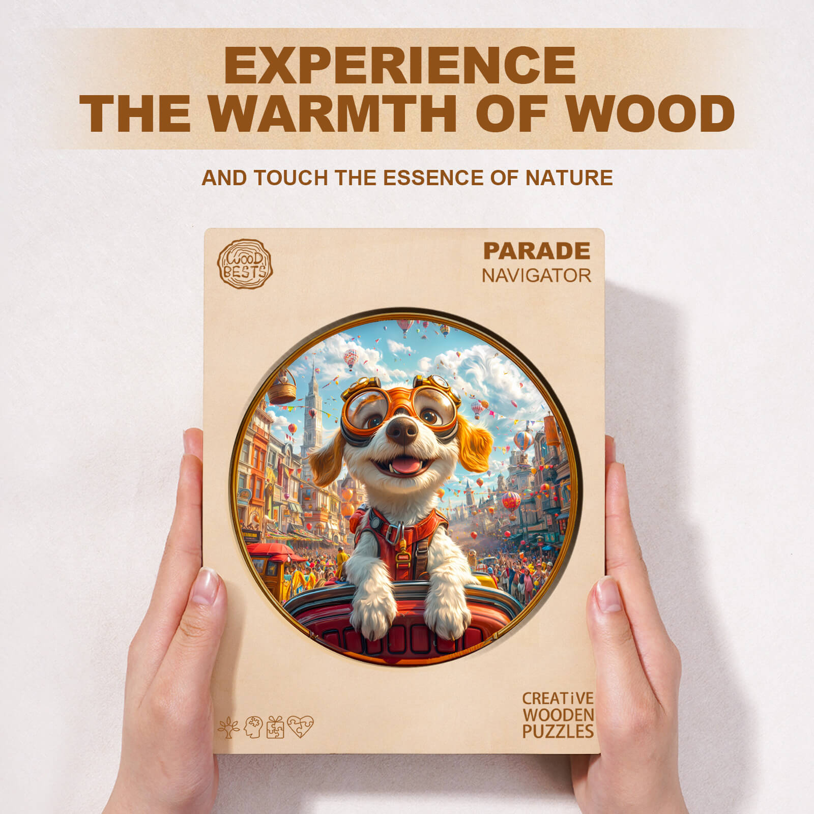Parade Navigator Wooden Jigsaw Puzzle box featuring a cheerful dog, inviting you to explore and enjoy mind games.