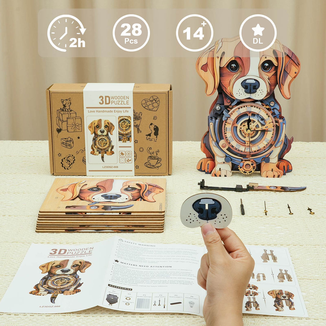 Beagle Mignon – Horloge en Bois DIY, Kit de Puzzle 3D