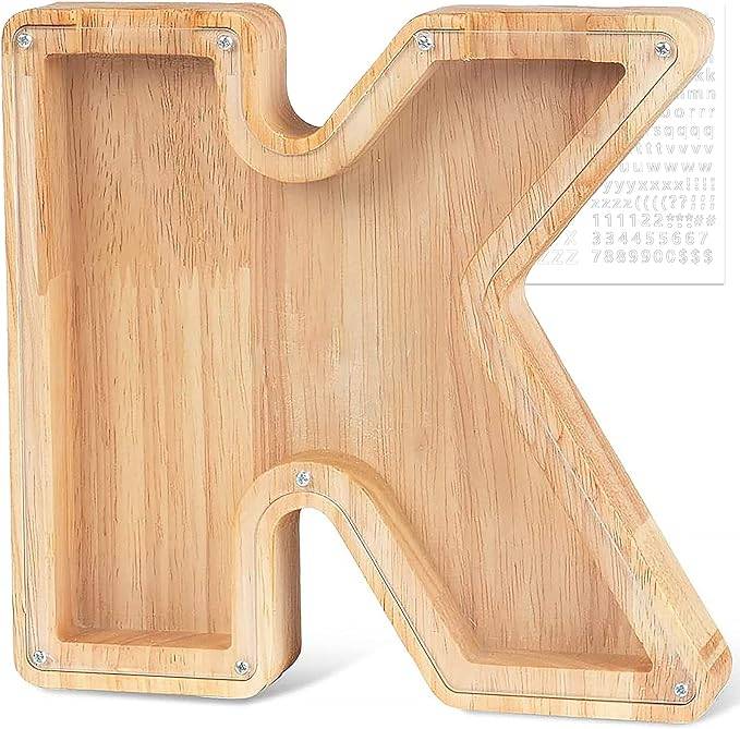 Personalized wooden letter 'K' piggy bank for kids, designed for teaching savings and financial awareness.