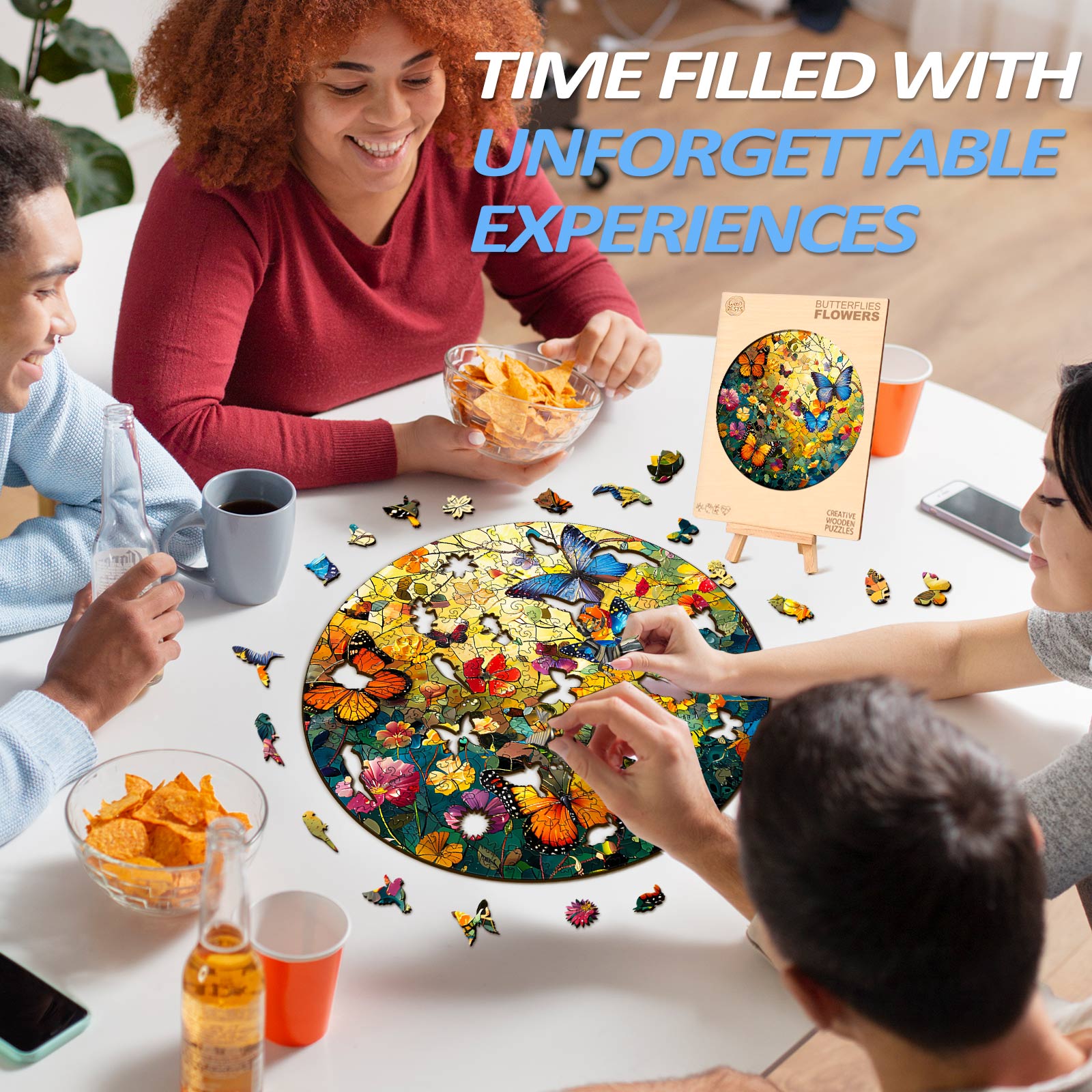 Group of friends enjoying the Butterflies and Flowers wooden jigsaw puzzle together, fostering fun experiences.