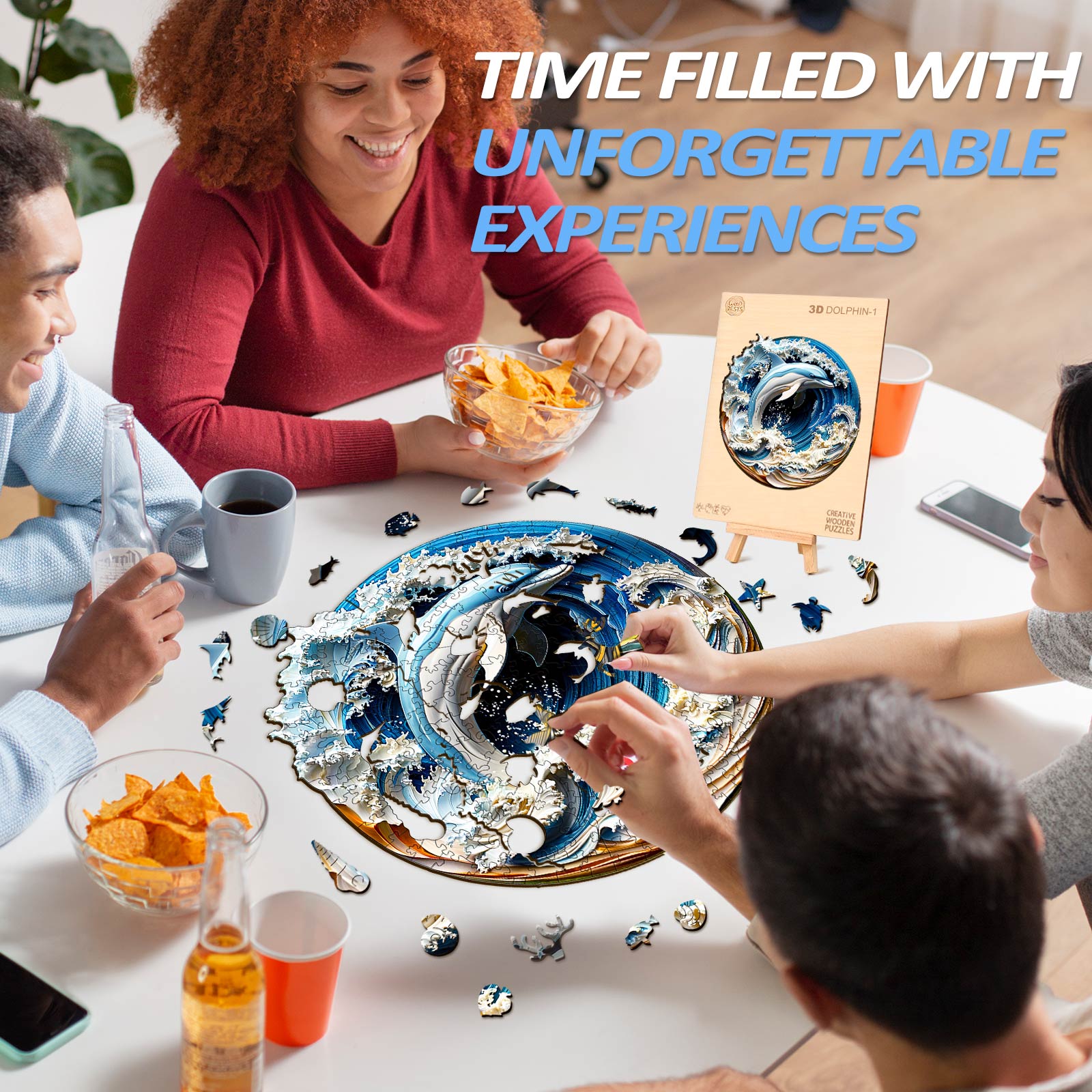 Group enjoying a 3D Dolphin-1 wooden jigsaw puzzle, emphasizing fun and connection over a shared activity.
