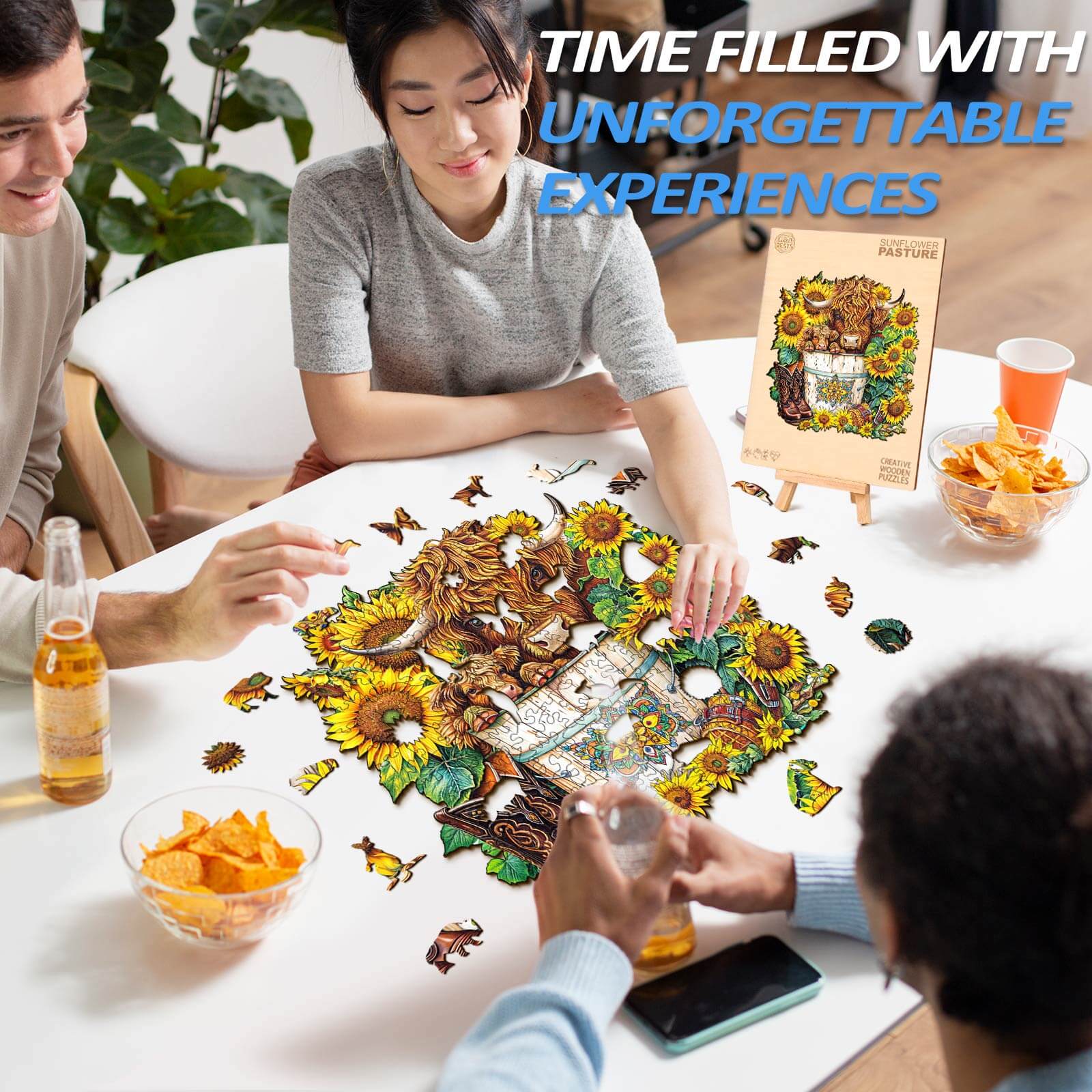 Group enjoying the Sunflower Pasture wooden jigsaw puzzle, creating unforgettable experiences and enhancing focus.