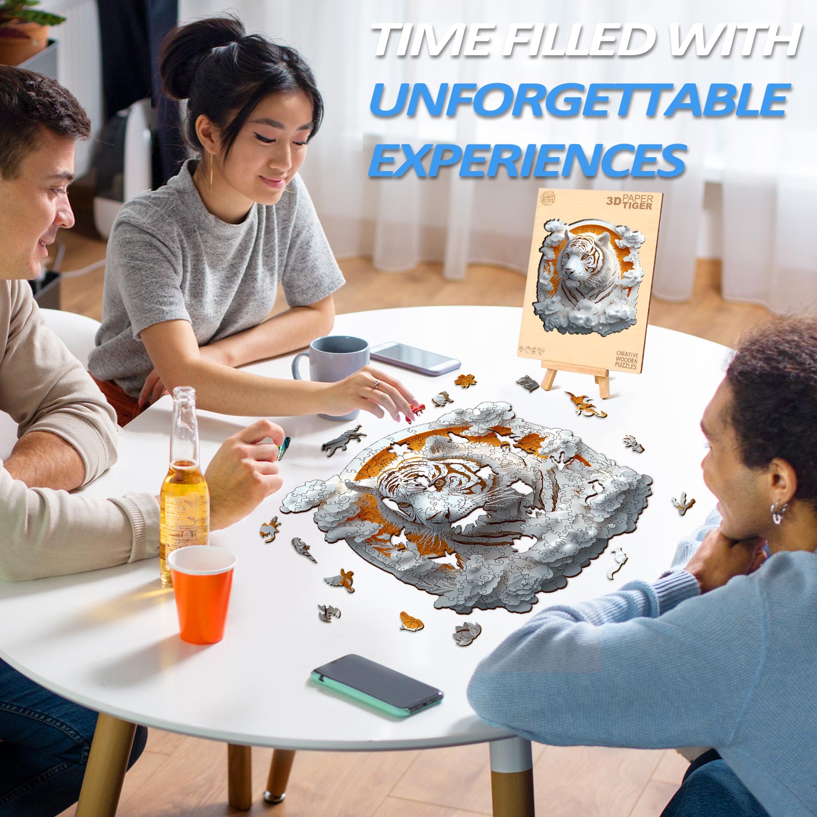 Group enjoying the 3D Paper Tiger wooden jigsaw puzzle, fostering creativity and focus during game time.