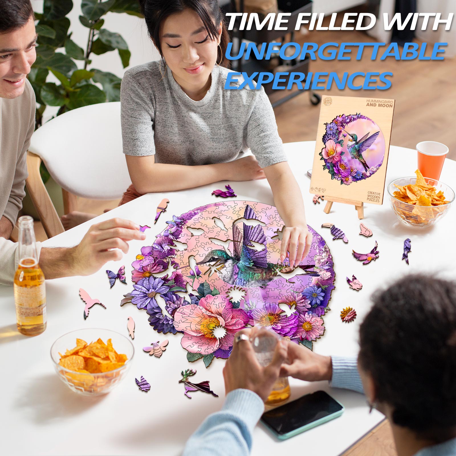Group of friends enjoying the Hummingbird and Moon wooden jigsaw puzzle, creating unforgettable experiences.