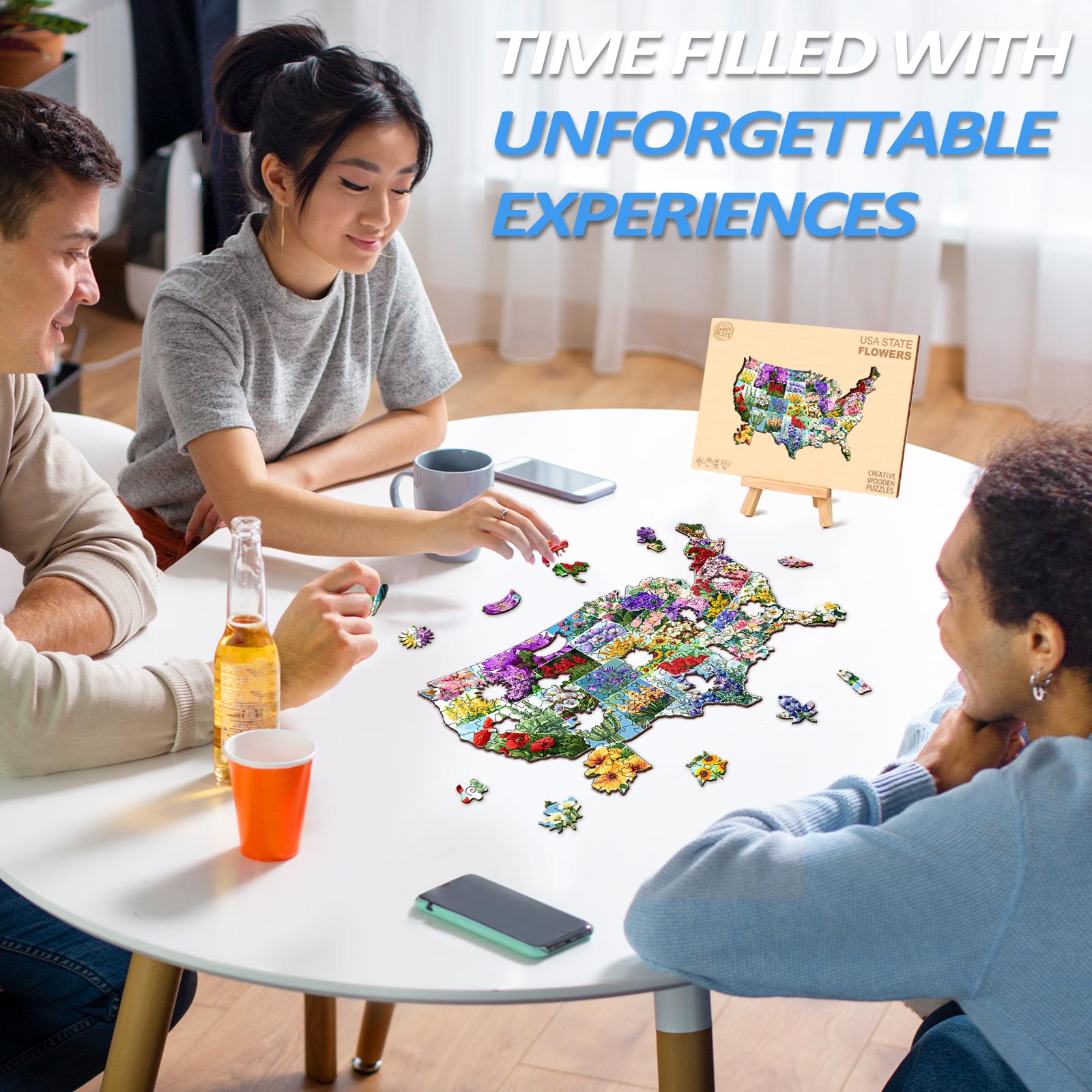 Group enjoying the USA State Flowers wooden jigsaw puzzle, focused on the vibrant pieces at a table filled with fun.