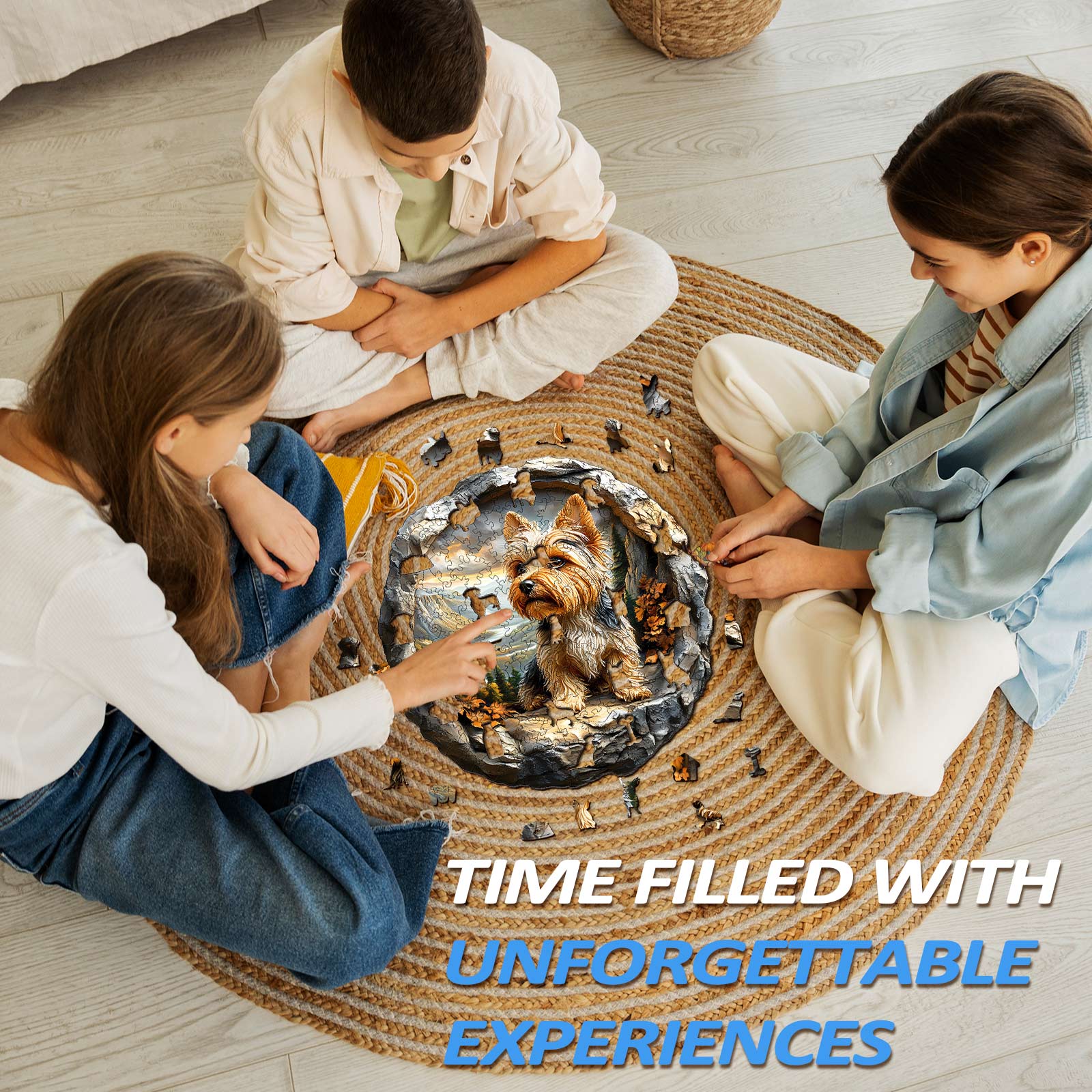 Two children assembling a 3D Yorkshire wooden jigsaw puzzle, creating unforgettable experiences during playtime.