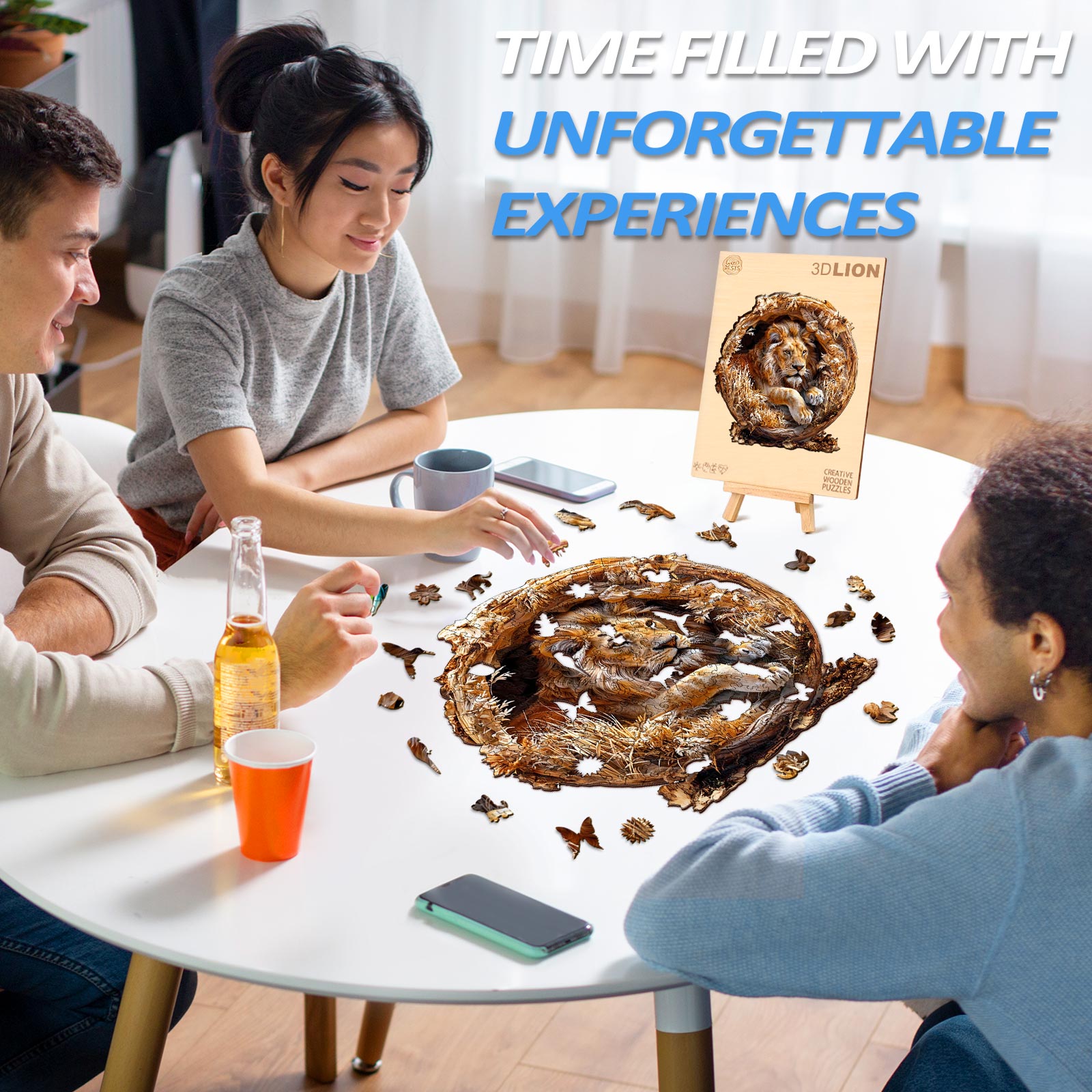 Group of friends enjoying a 3D Lion wooden jigsaw puzzle at a table, promoting fun and focused puzzle-solving.