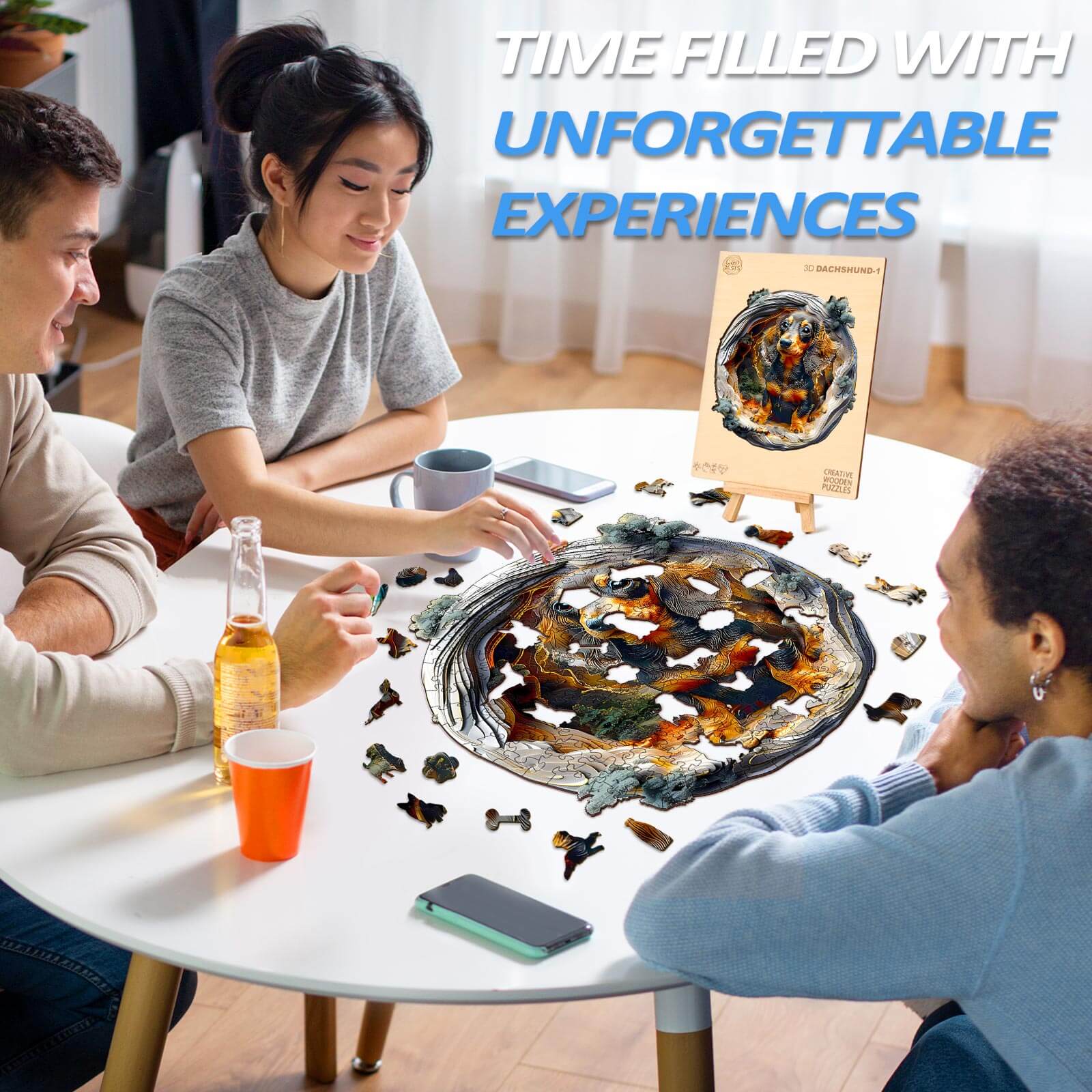 Group of friends solving a wooden jigsaw puzzle together, enjoying creativity and connection around a table.