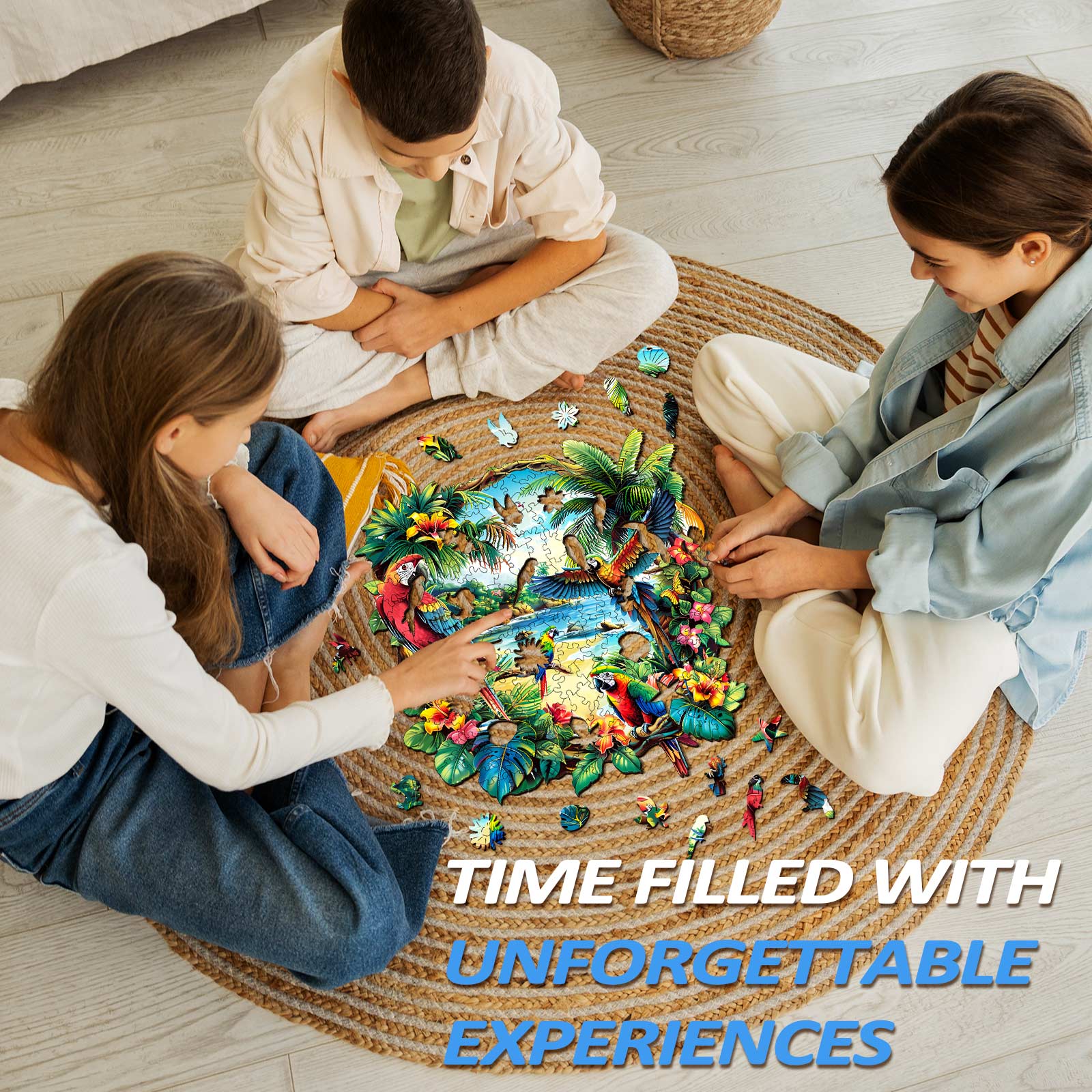 Children engaged in solving a vibrant Tropical Parrot jigsaw puzzle, promoting focus and cognitive skills.