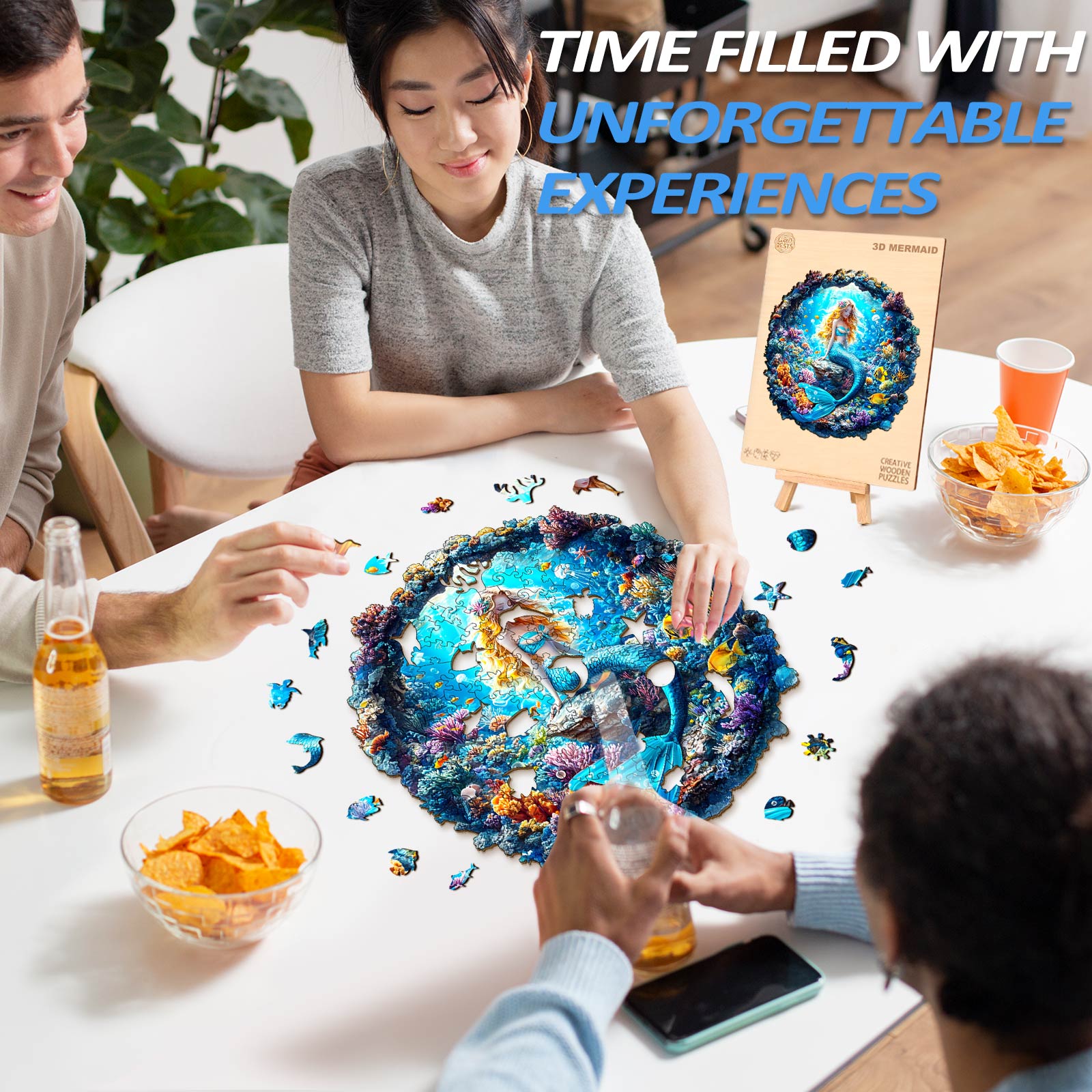 Group enjoying the 3D Mermaid Wooden Jigsaw Puzzle, creating unforgettable experiences with friends.