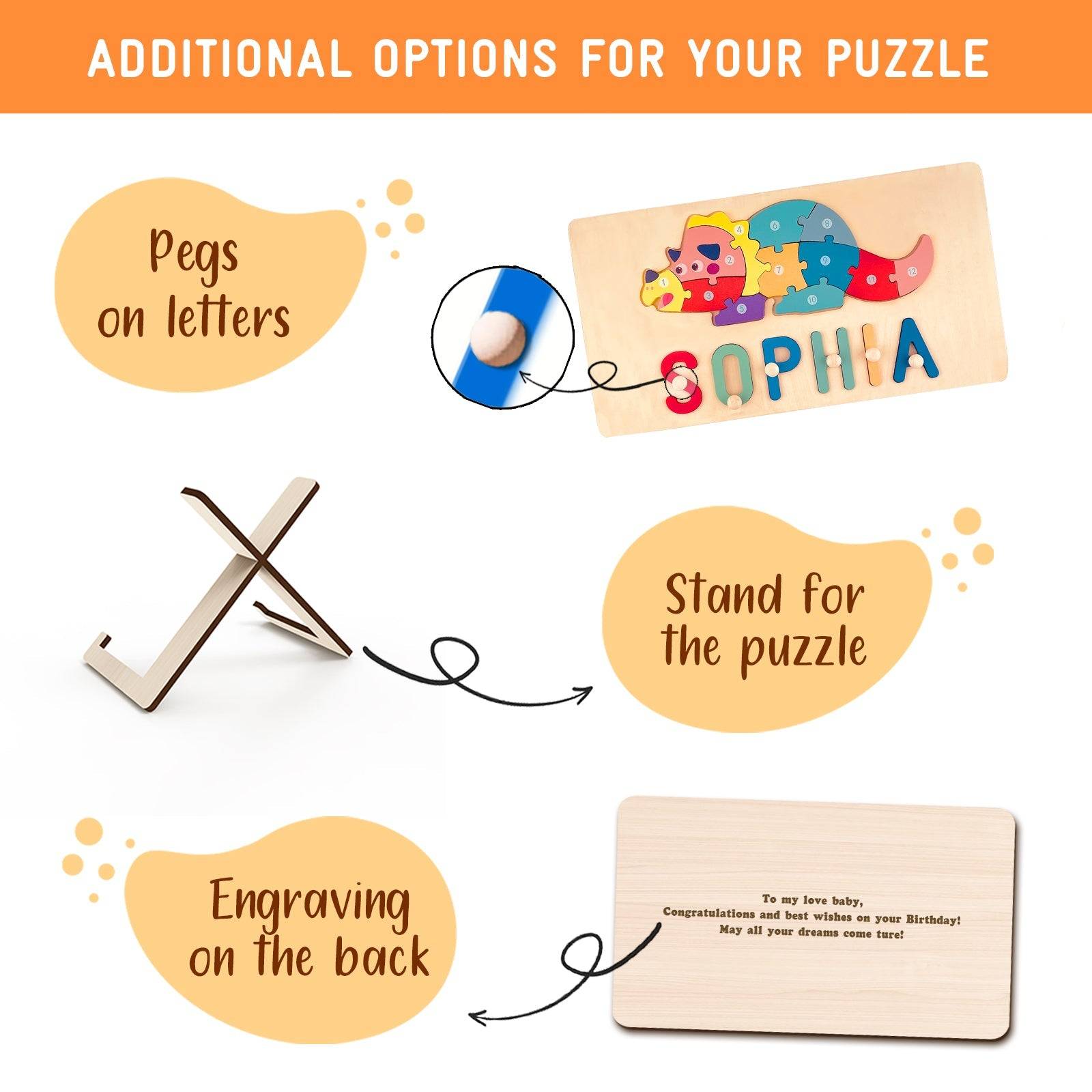Personalized wooden animals name puzzle features pegs, stand options, and back engraving for customization.