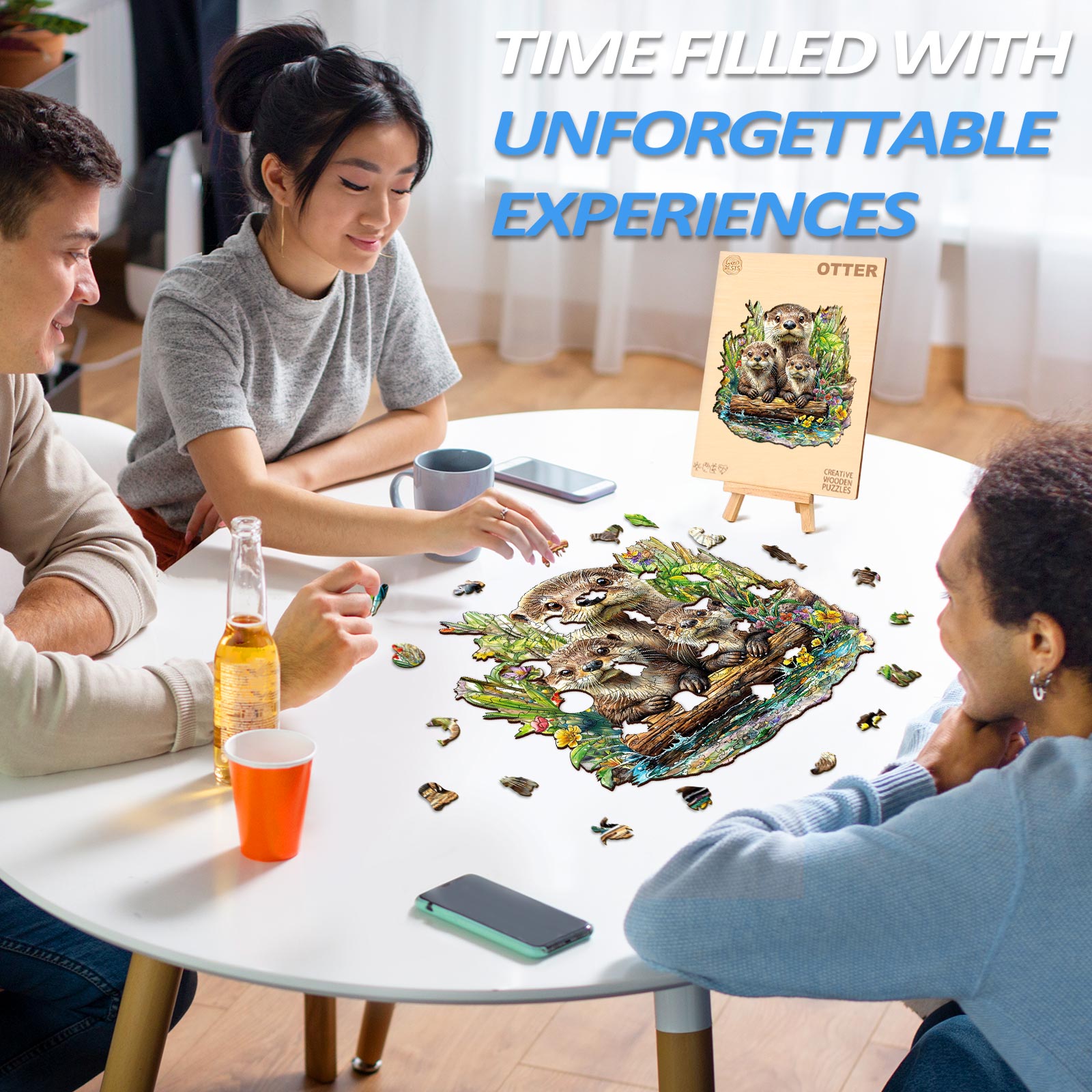 Group of friends enjoying the Otter wooden jigsaw puzzle, creating unforgettable experiences together.