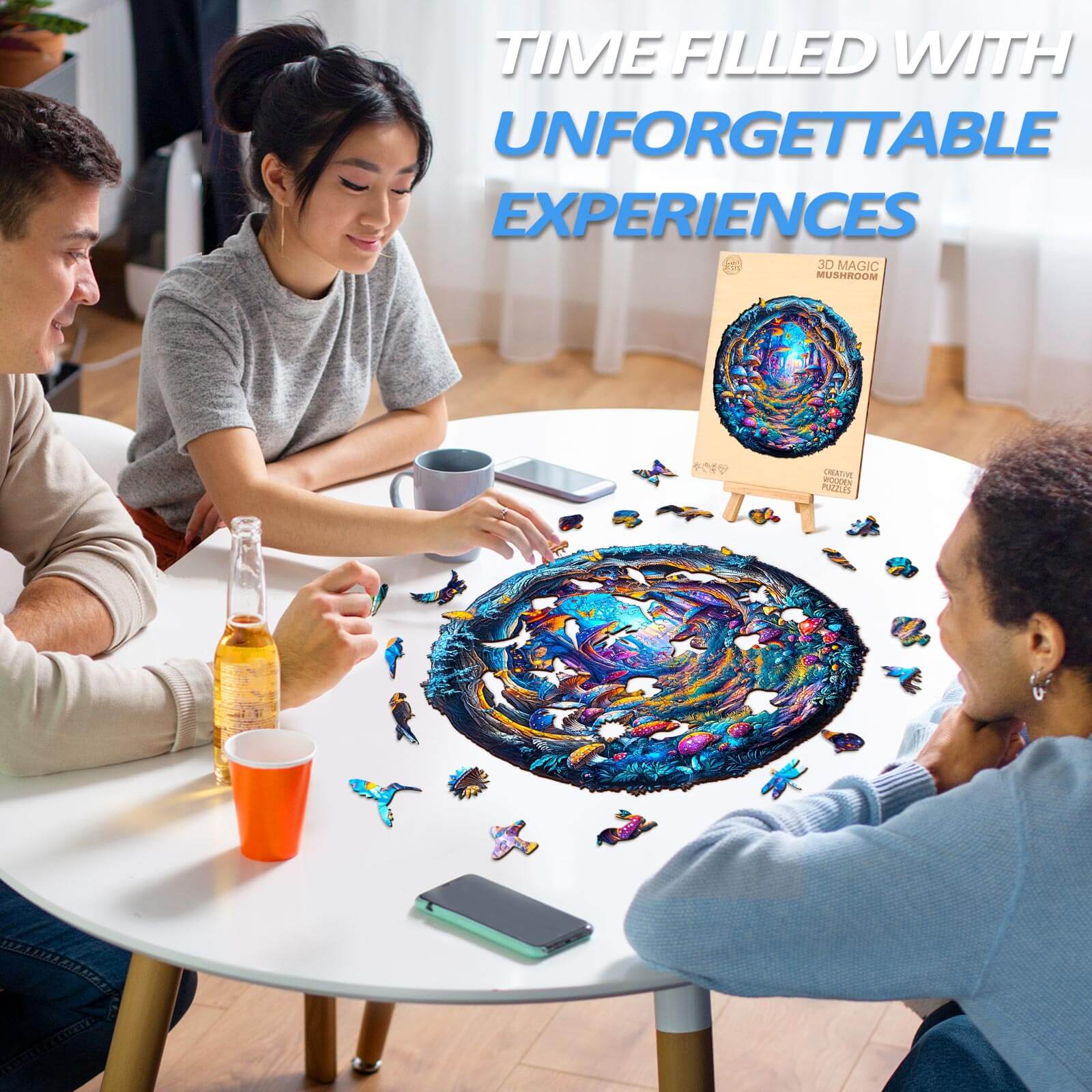 Friends enjoying the 3D Magic Mushroom Wooden Jigsaw Puzzle, filled with colorful pieces on a table.