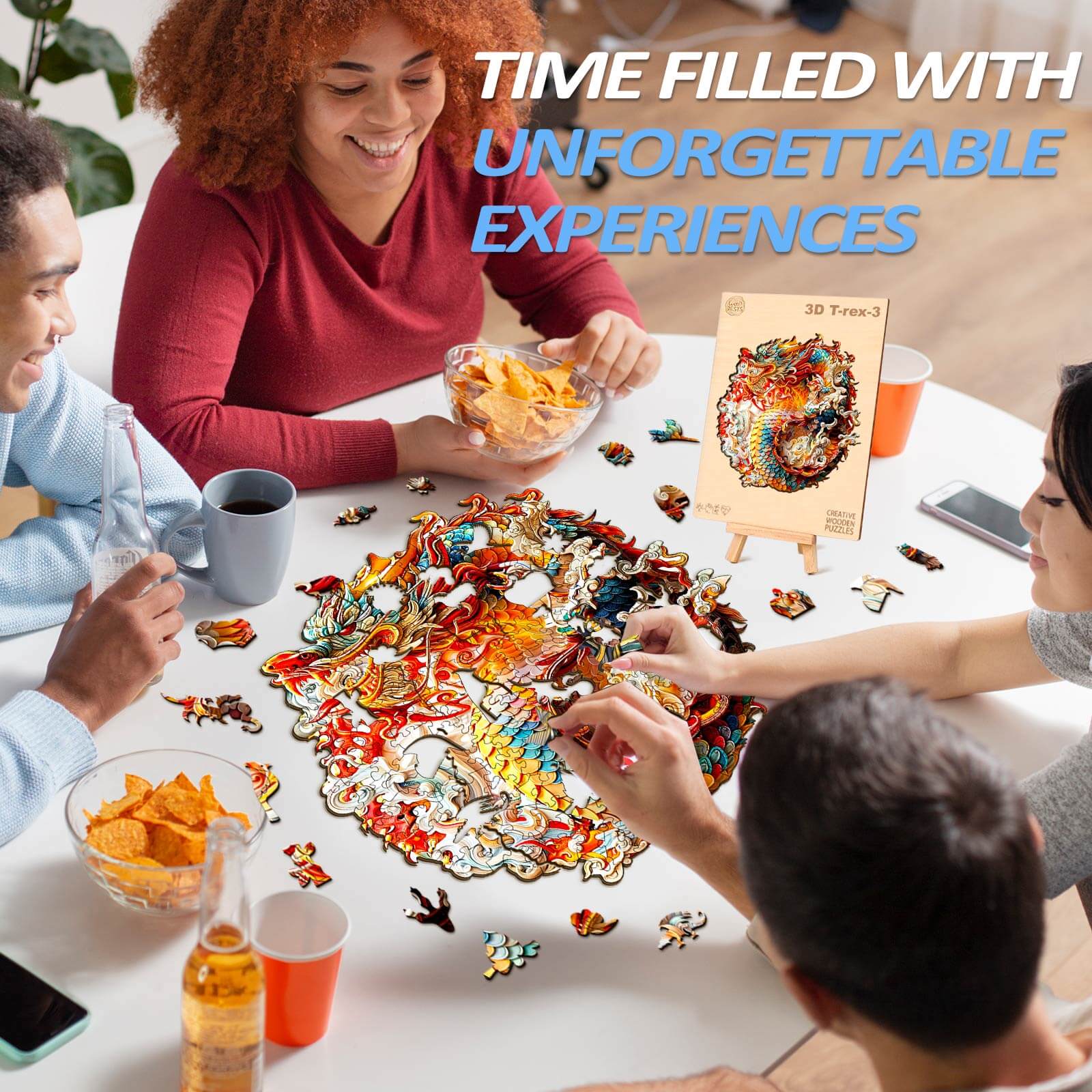 Group of friends enjoying the 3D Chinese Dragon-1 wooden jigsaw puzzle, creating unforgettable experiences together.