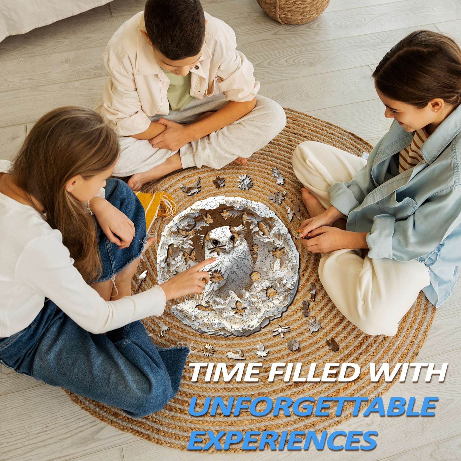 Children engaged in a 3D Paper Carved Owl wooden jigsaw puzzle, creating memorable moments together.