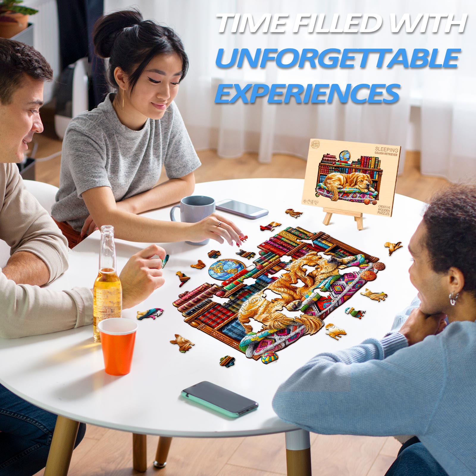 Group enjoying a jigsaw puzzle of a sleeping Golden Retriever, highlighting fun and unforgettable experiences.