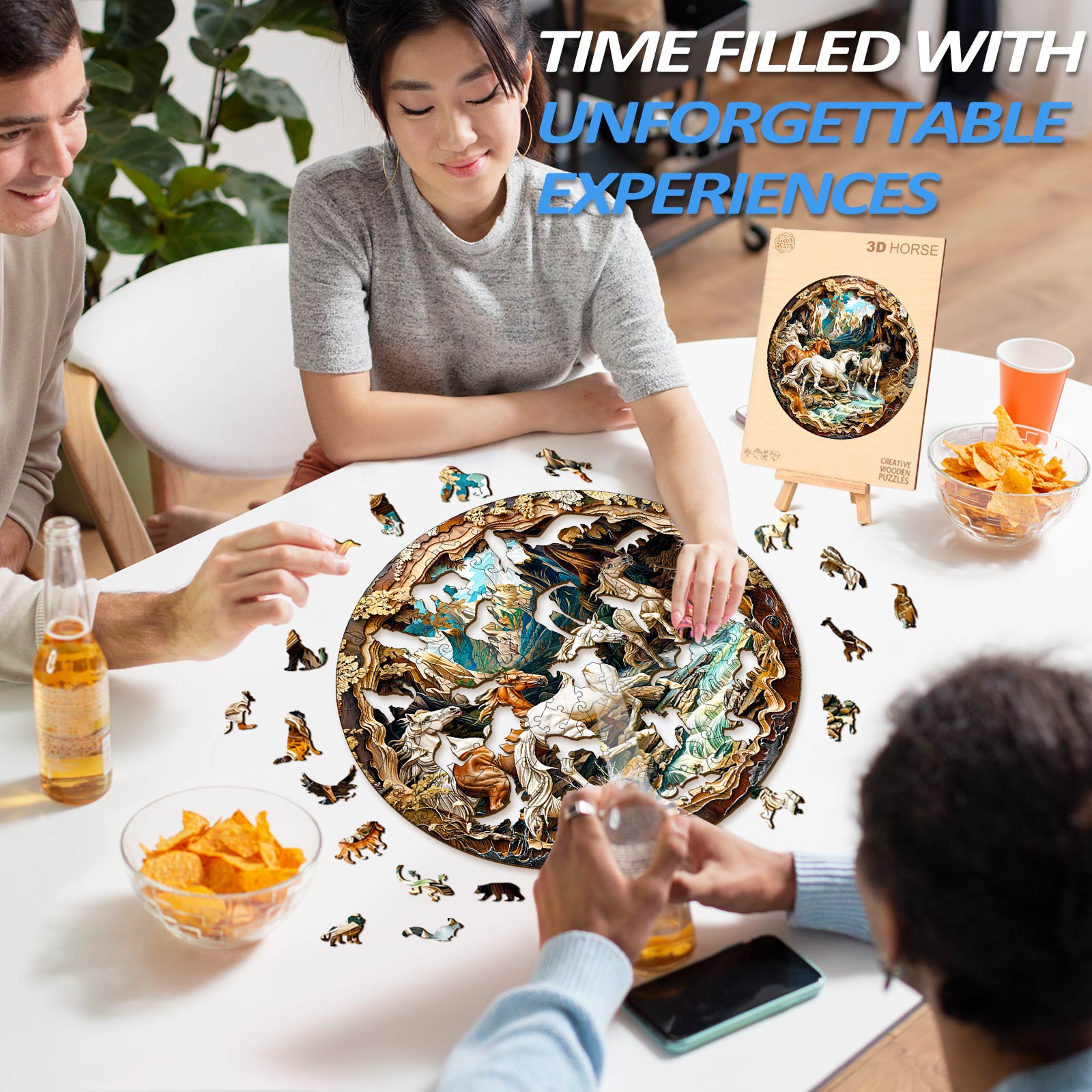 People enjoying a 3D Horse wooden jigsaw puzzle at a table, showcasing fun and focus during puzzle solving.