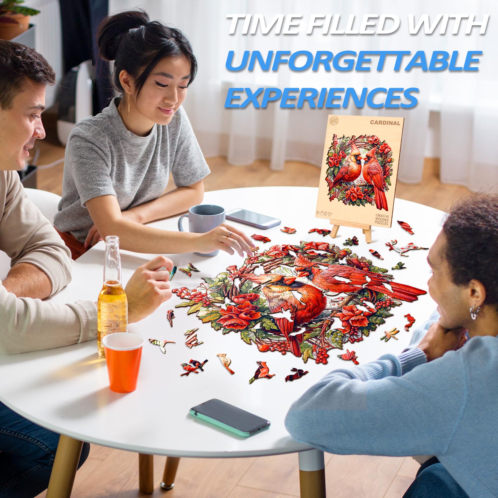 Group assembling a colorful Cardinal wooden jigsaw puzzle, enjoying time together filled with fun and memorable experiences.