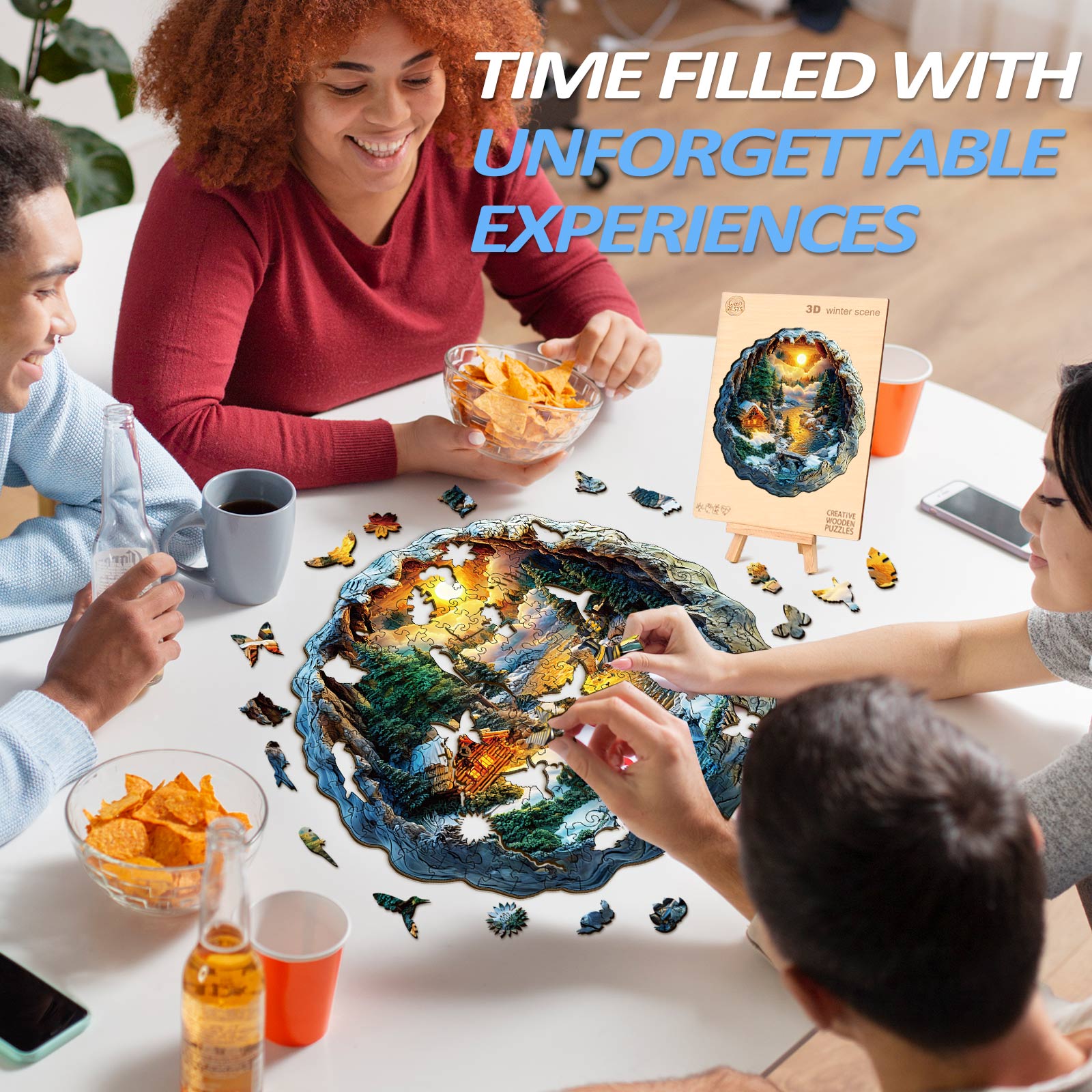 Group of friends enjoying a fun time assembling a 3D Winter Scene Wooden Jigsaw Puzzle together.