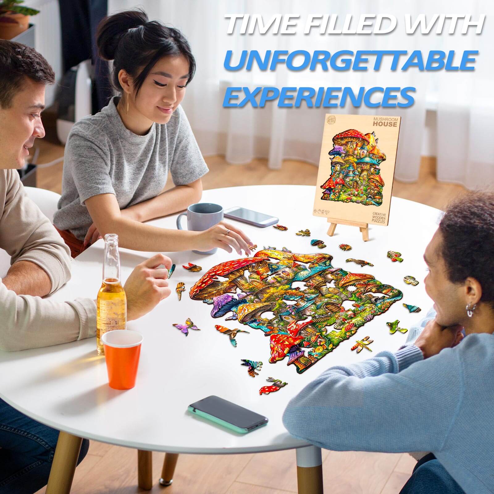 Group of friends assembling a Mushroom House wooden jigsaw puzzle on a table, enhancing focus and creativity together.