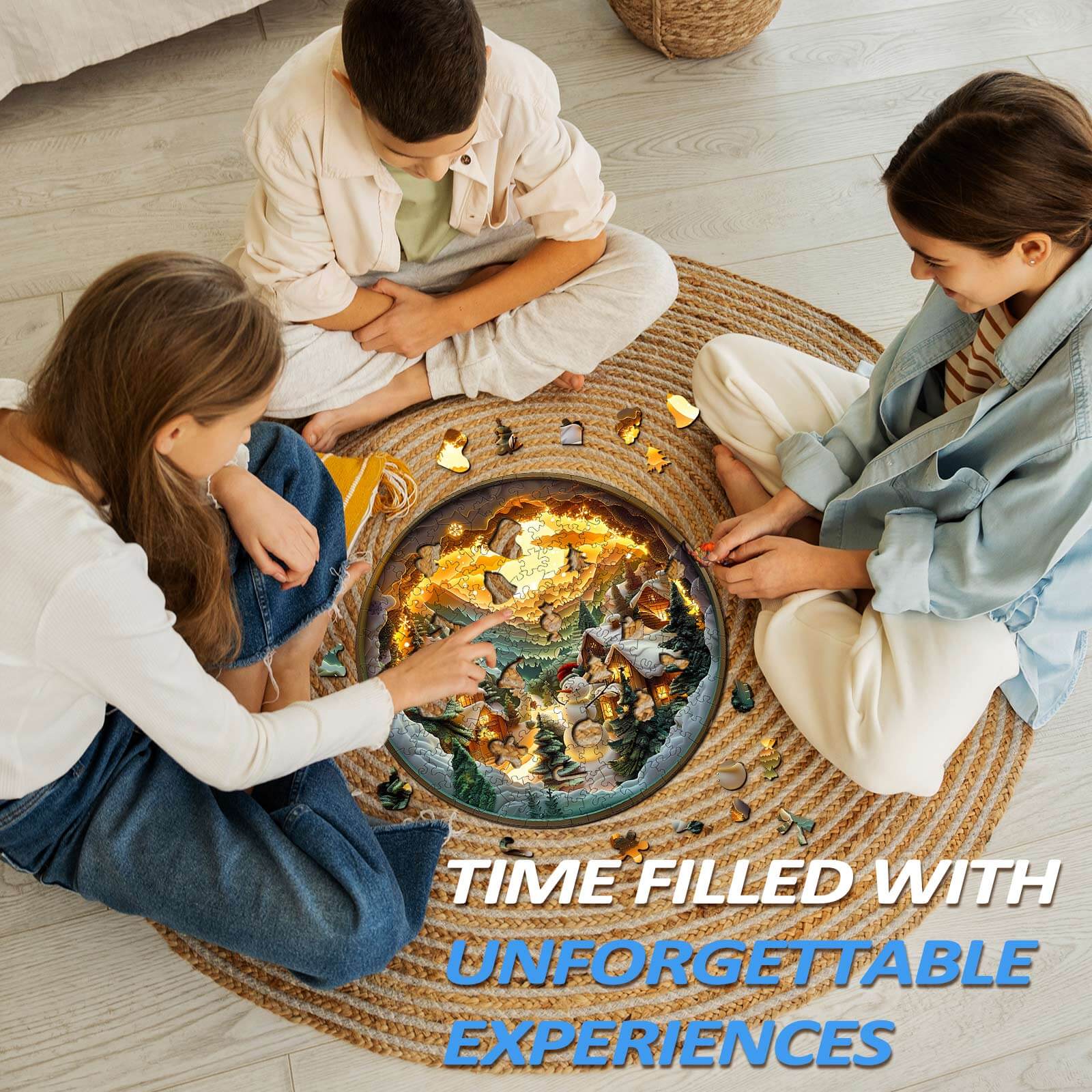 Children engaged in a 3D Christmas Village wooden jigsaw puzzle, creating unforgettable memories together.